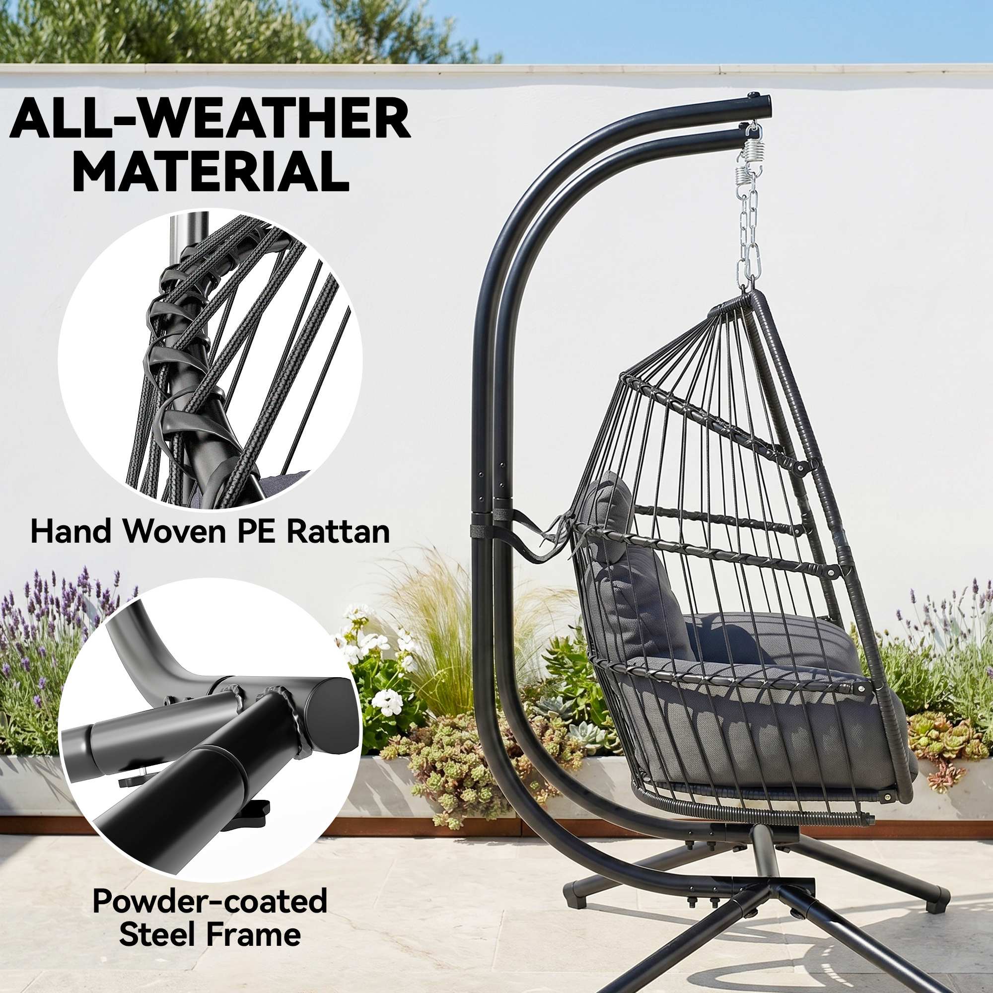 Outsunny Rattan Double Hanging Egg Chair with Stand, Foldable Wicker Swing Egg Chair with Cushion, Head Pillows, Steel Frame, Hammock Chair for Indoor Outdoor, Capacity 260 kg, Dark Grey