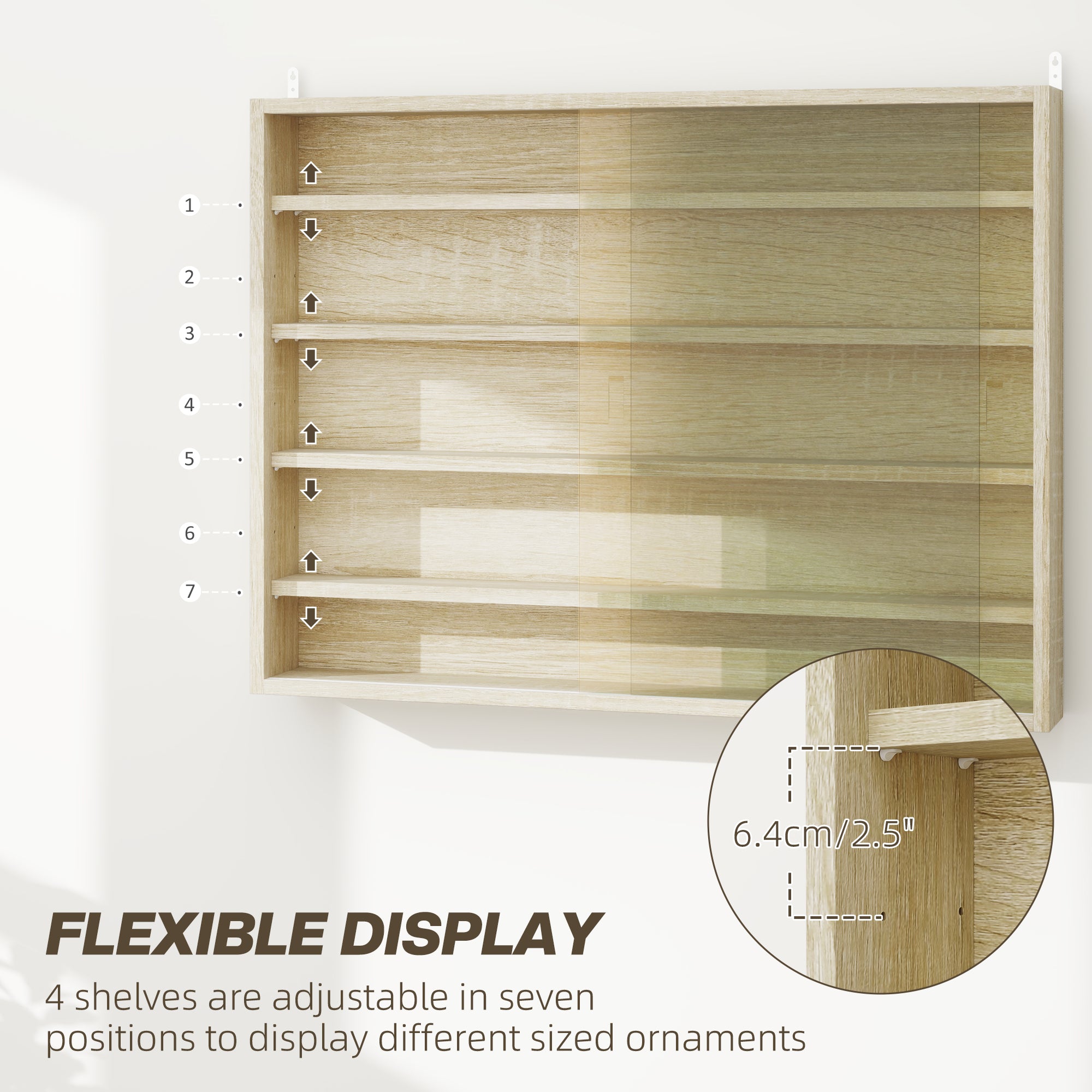 HOMCOM 5-Tier Wall Display Shelf Unit Cabinet w/ 4 Adjustable Shelves Glass Doors Home Office Ornaments 60x80cm Oak - North Peak Garden Furniture
