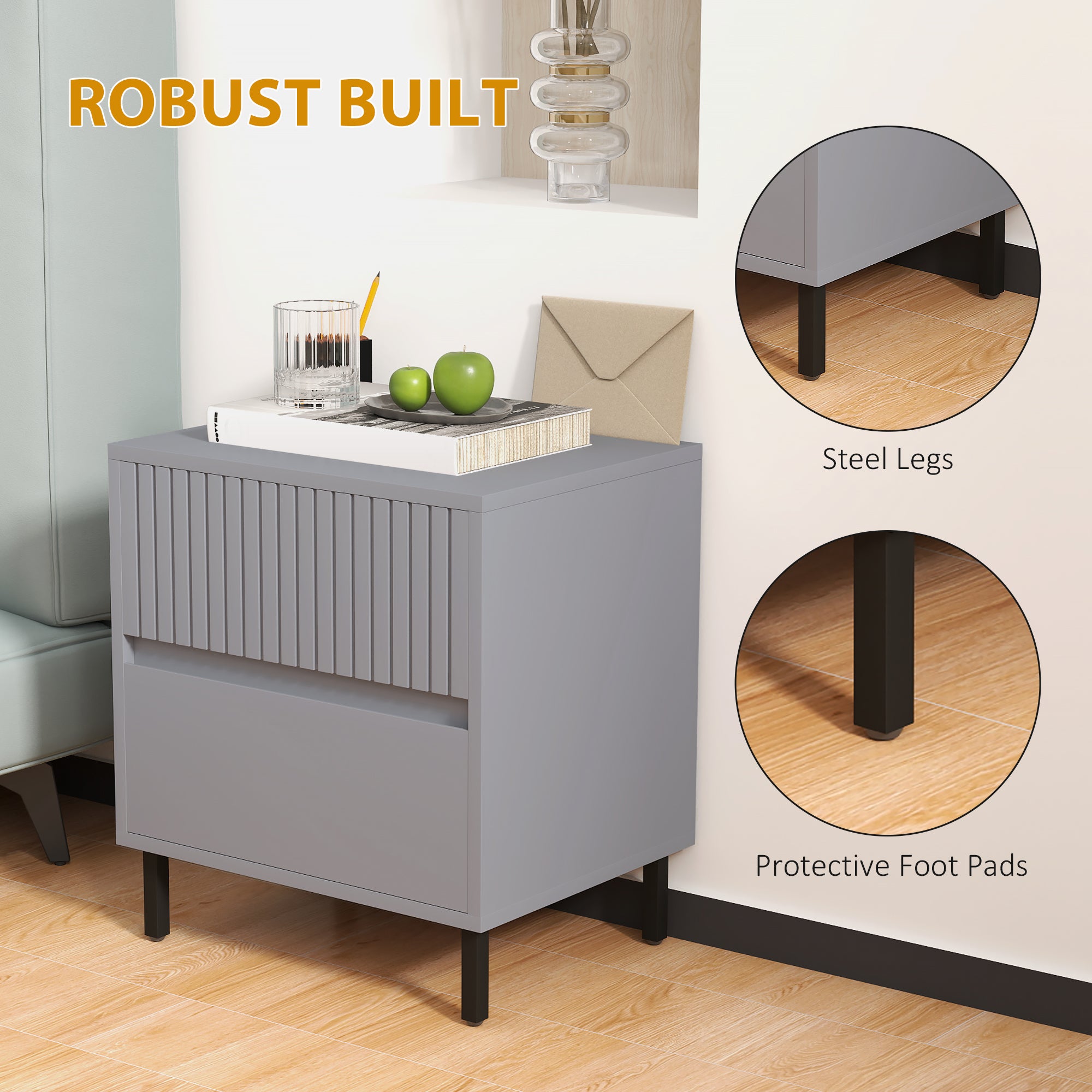 HOMCOM Simple Line Indented Two-Drawer Bedside Table - Grey - North Peak Garden Furniture