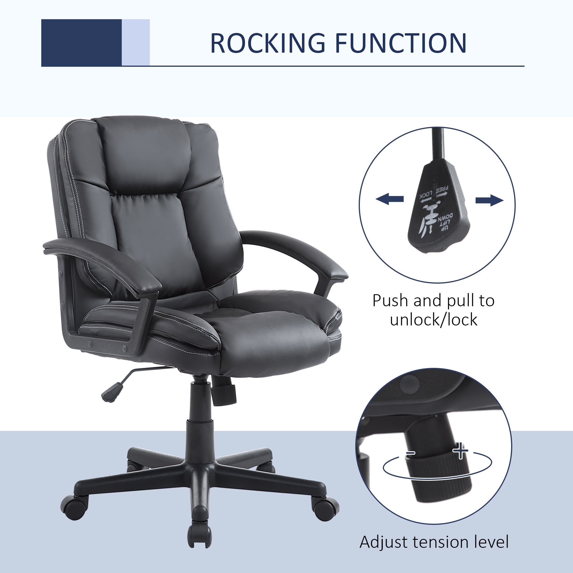 HOMCOM Office Chair, Faux Leather Computer Desk Chair, Mid Back Executive Chair with Adjustable Height and Swivel Rolling Wheels for Home Study, Black