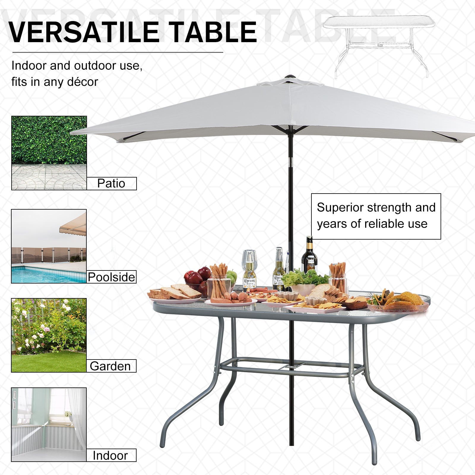 Outsunny Glass Top Garden Table Curved Metal Frame w/ Parasol Hole 4 Legs Outdoor  Balcony Sturdy Friends Family Dining Table  -Grey