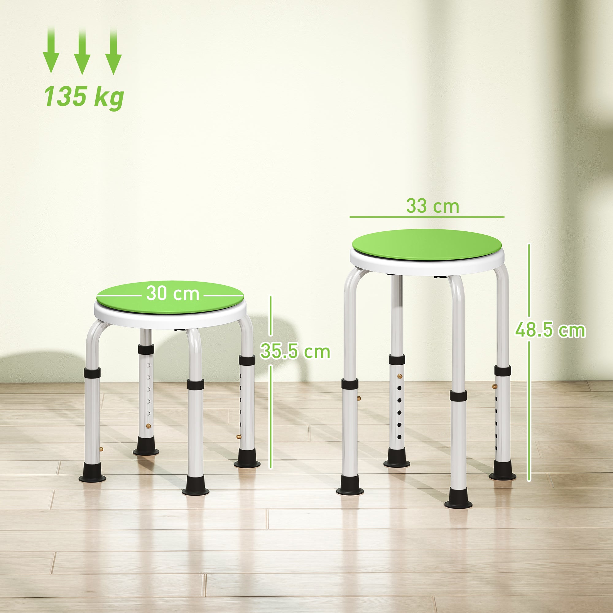 HOMCOM 360° Swivel Shower Chair, Height Adjustable Aluminium Shower Stool with Non-Slip Feet for Disabled, Elderly, Green
