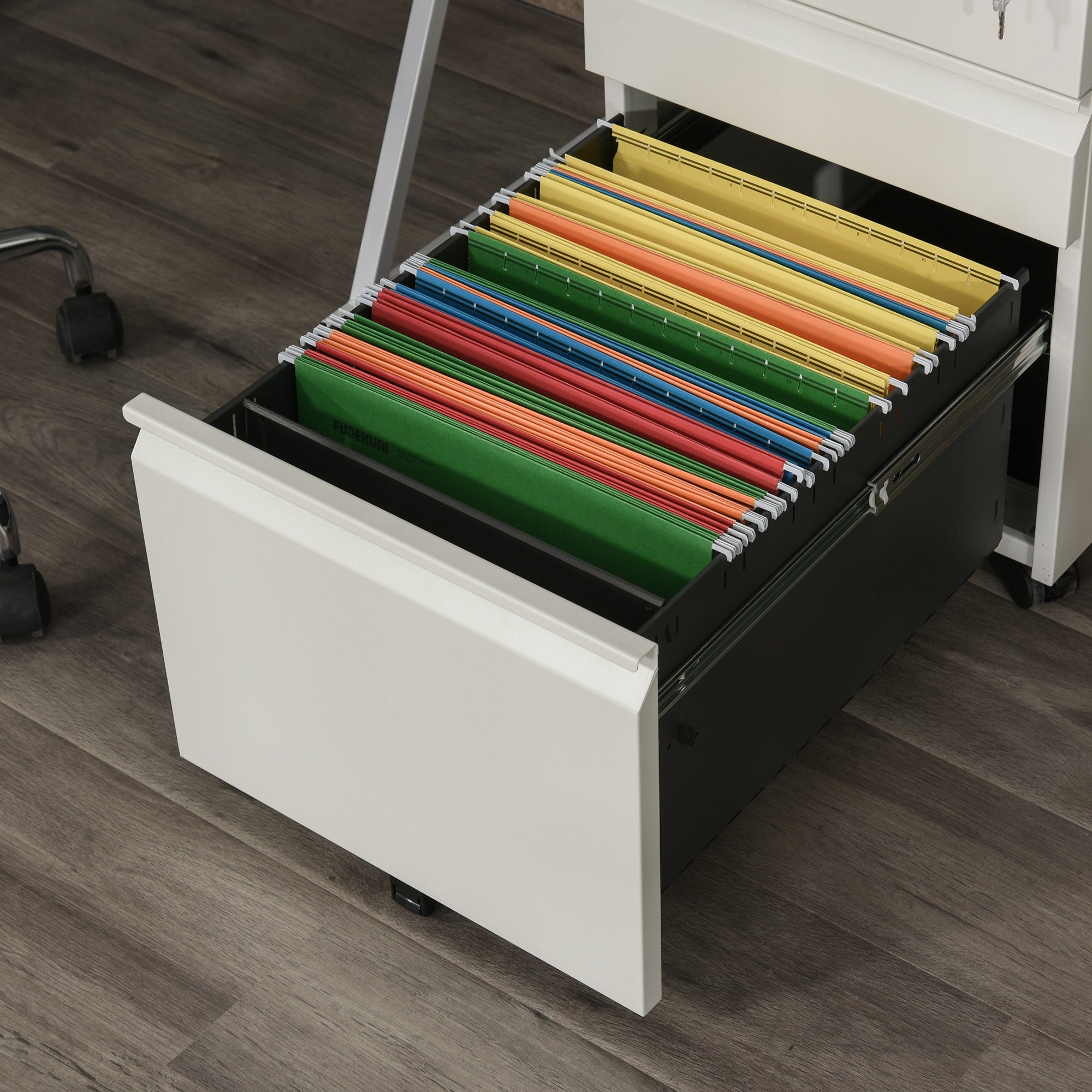 Vinsetto 3 Drawer Filling Cabinet, Mobile Metal File Cabinet with Anti-tilt Design for Letter, A4, Legal Size, White - North Peak Garden Furniture