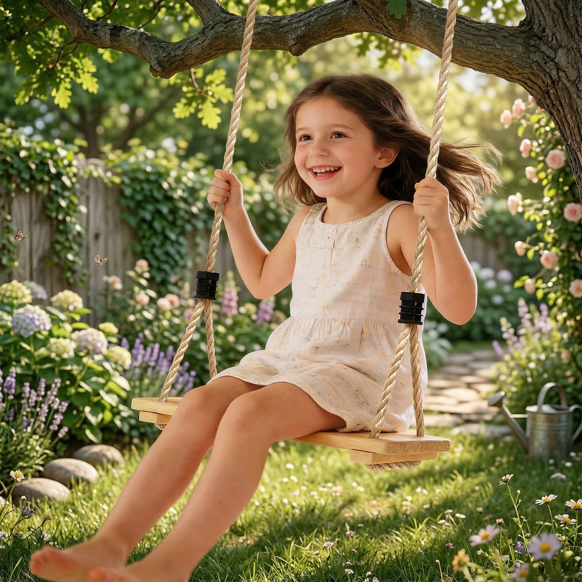 AIYAPLAY Wooden Swing Seat, Kids Swing Set with Adjustable Rope and Tree Straps, Outdoor Playground Playset for Kids