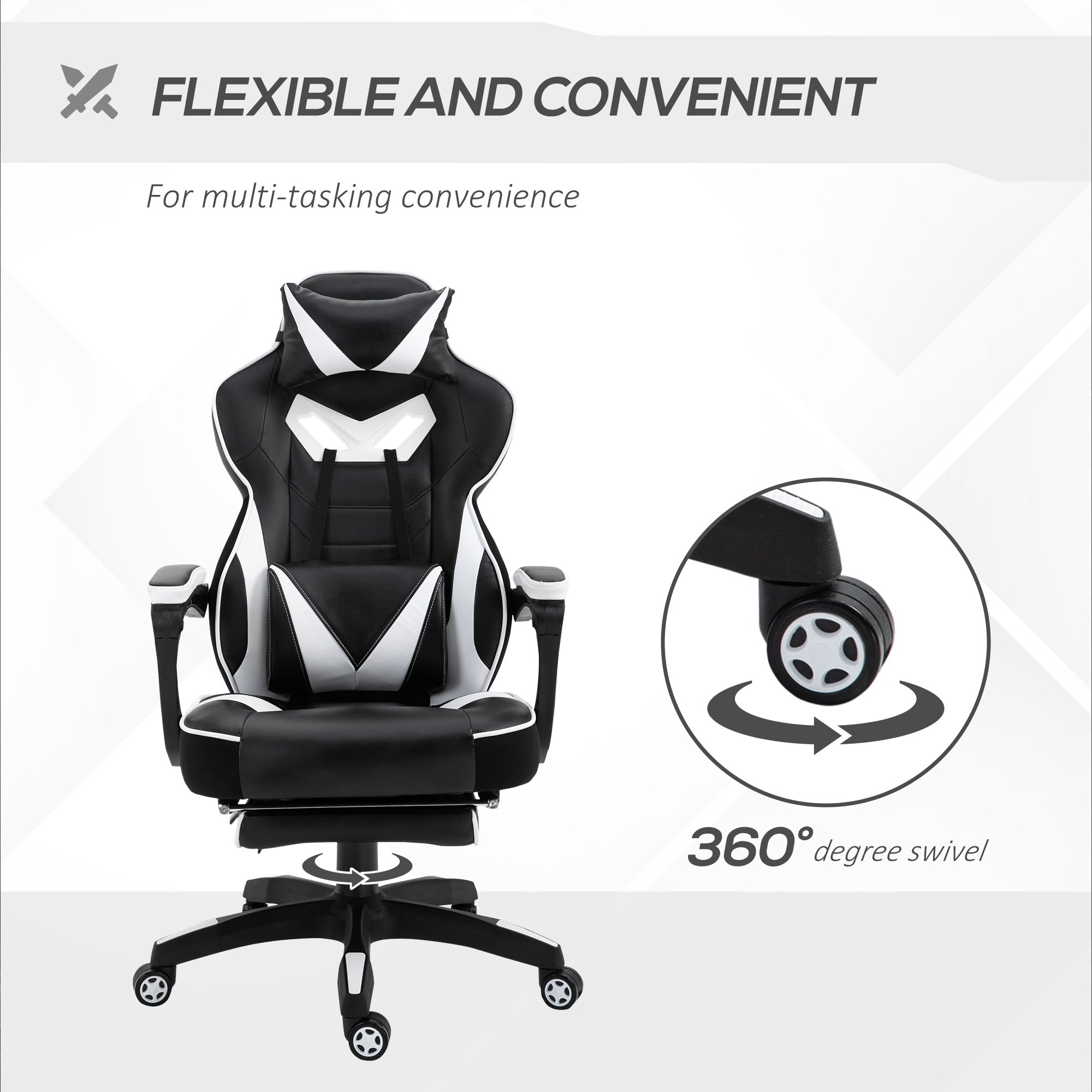 Vinsetto Computer Gaming Chair, Racing Desk Chair with Lumbar Support and Footrest, PU Leather Gamer Chair with Headrest and Swivel Wheels for Home, White - North Peak Garden Furniture