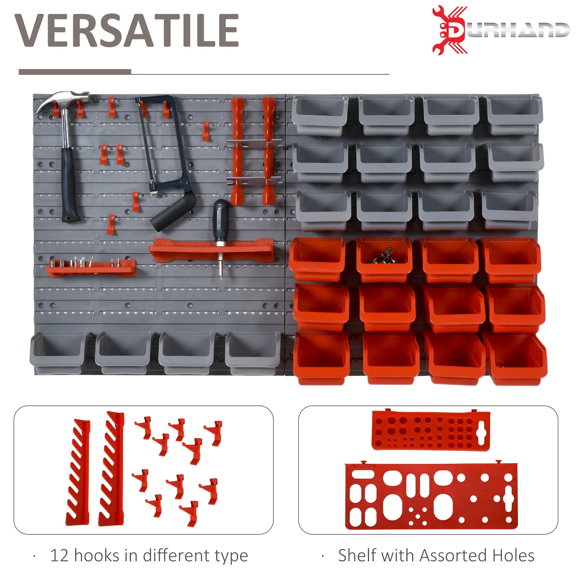 DURHAND 44 Piece Wall Mounted Tool Rack Organiser Storage Bins and Panel Set with Shelf Hook Screws Accessories Red - North Peak Garden Furniture