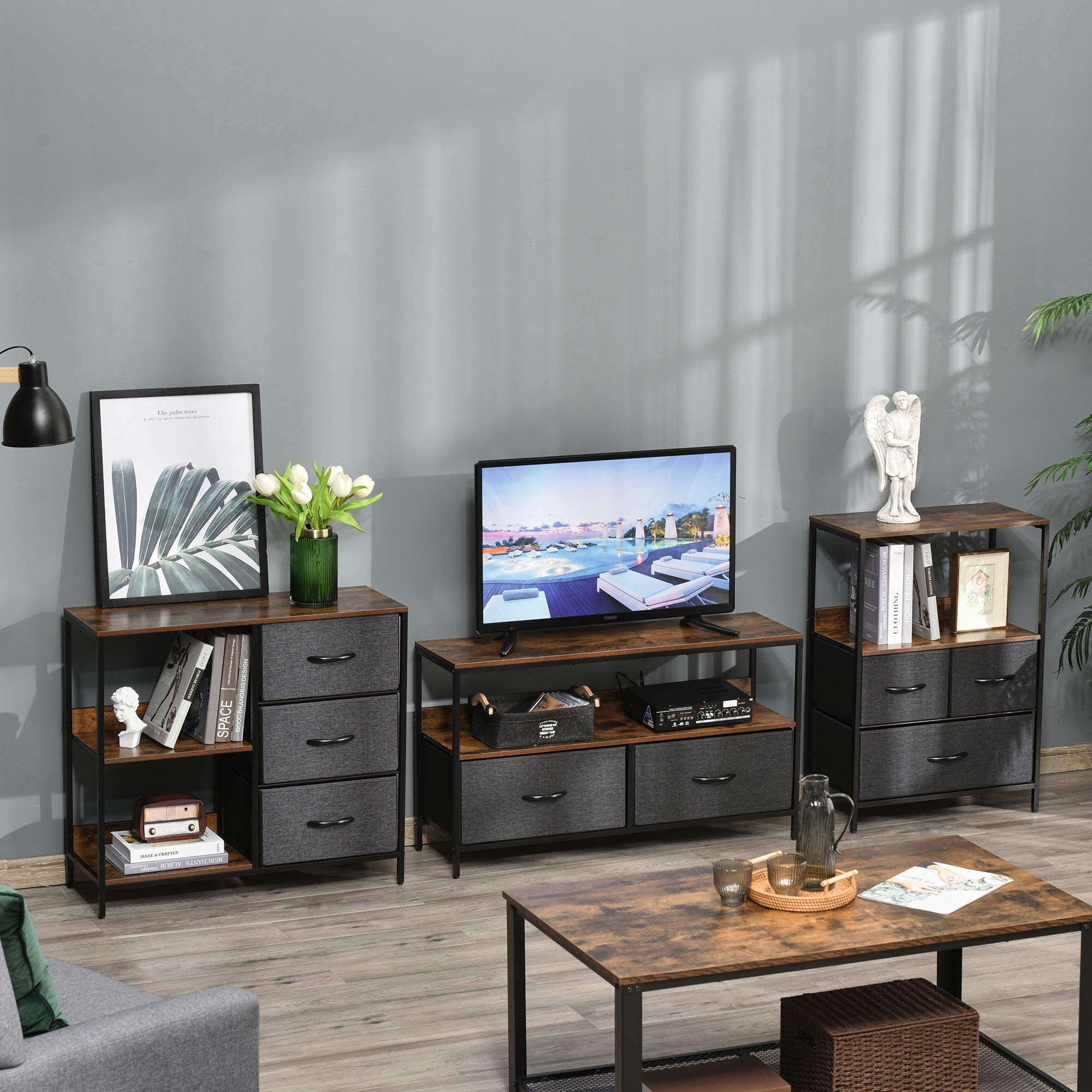HOMCOM Chest of Drawers Storage Dresser Cabinet Organizer with 3 Fabric Drawers and 2 Display Shelves for Living Room, Bedroom, Hallway, Black - North Peak Garden Furniture