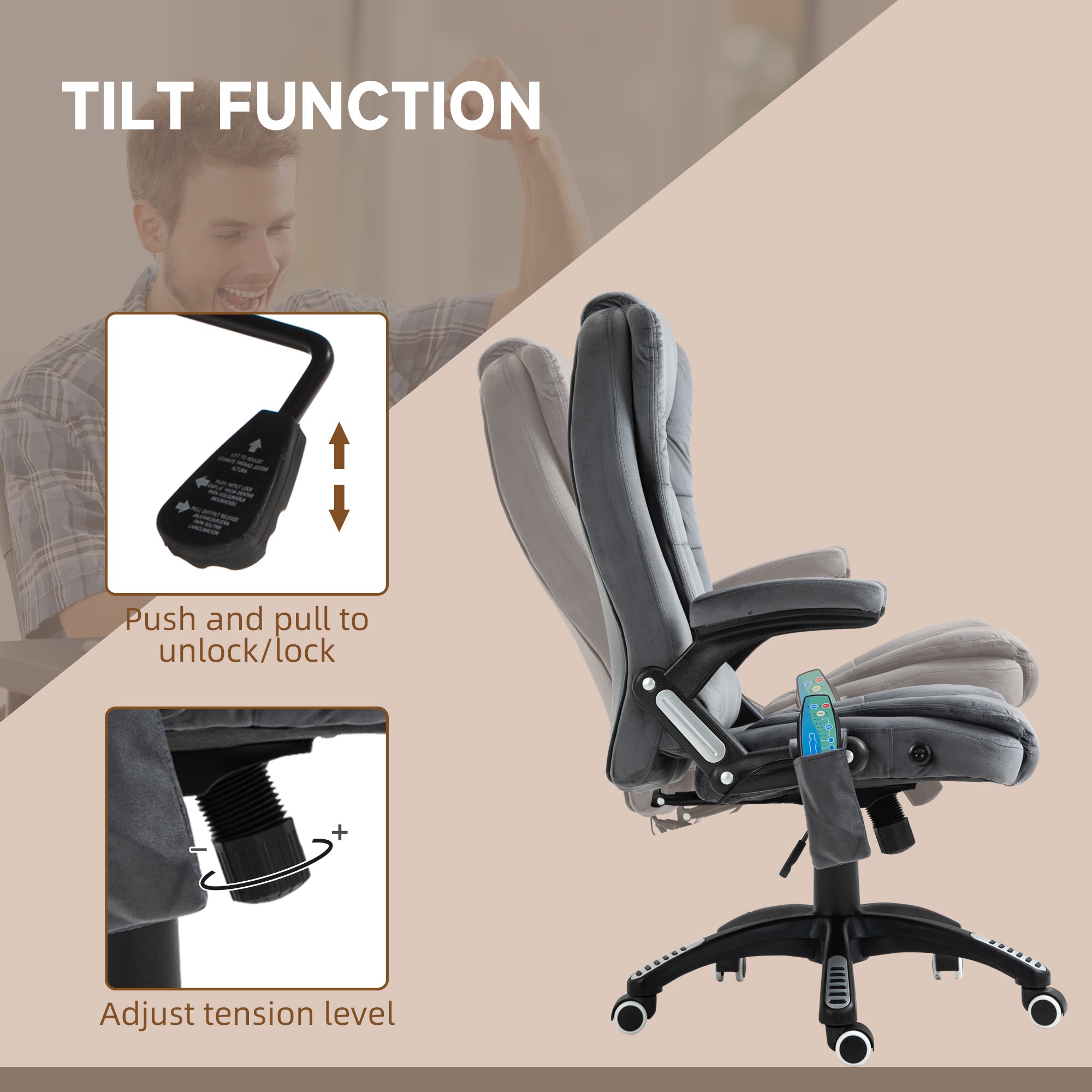 Vinsetto Massage Recliner Chair Heated Office Chair with Six Massage Points Velvet-Feel Fabric 360° Swivel Wheels Grey - North Peak Garden Furniture