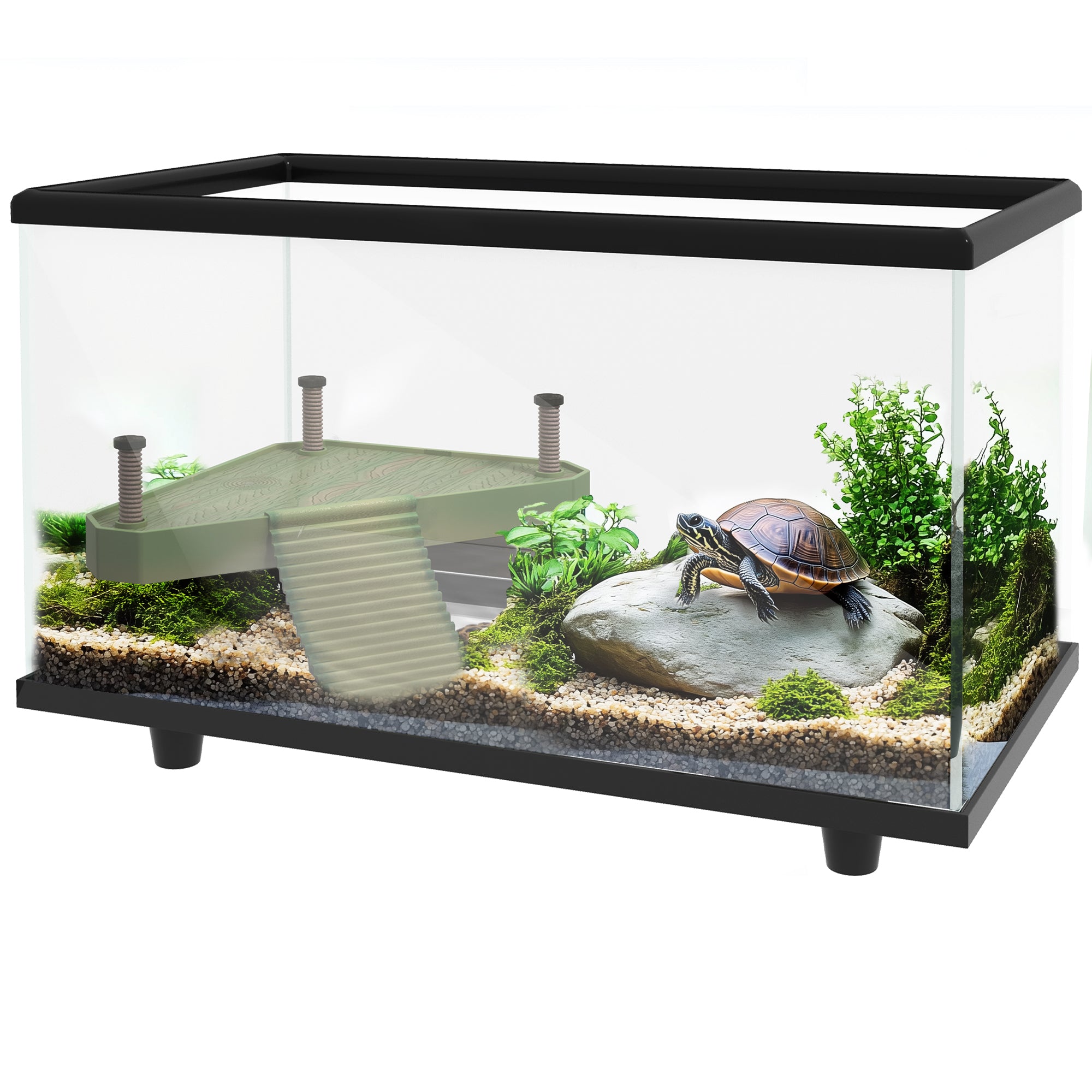 PawHut 28L Glass Turtle Tank Aquarium with Basking Platform, Easy Drainage, Strip Patch Thermometer - North Peak Garden Furniture