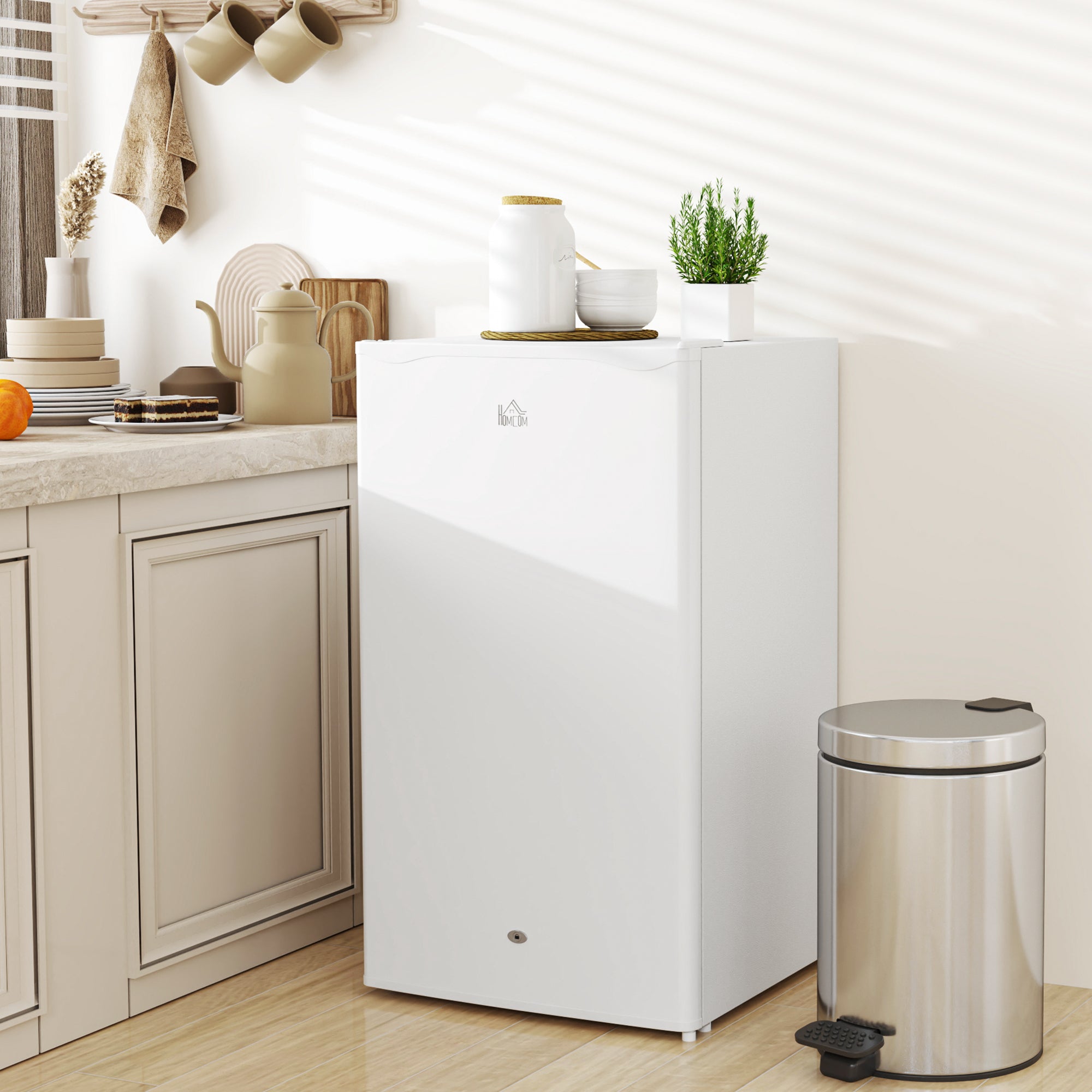 HOMCOM 91L Freestanding Under-Counter Fridge with Lock - White - North Peak Garden Furniture