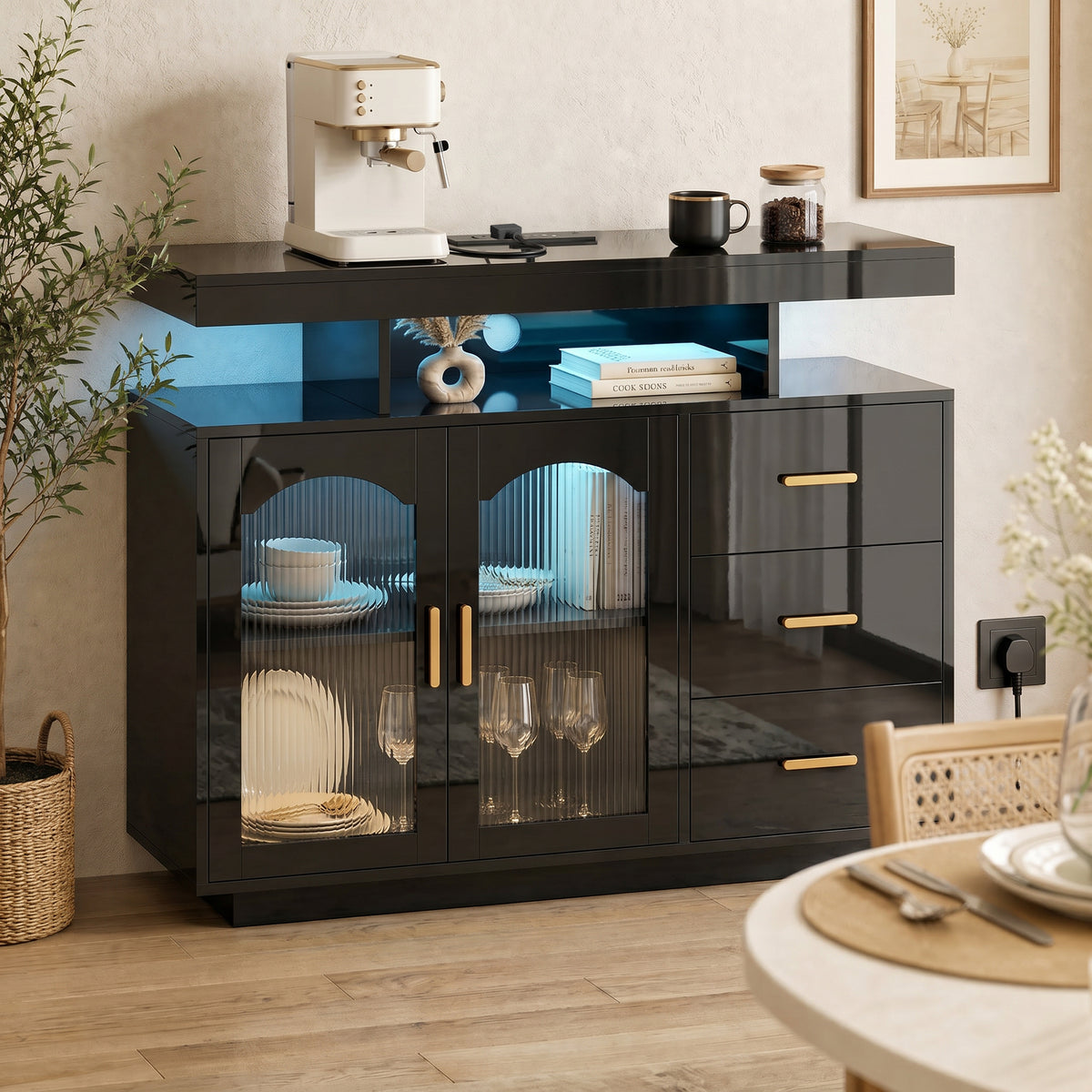 HOMCOM High Gloss Sideboard with LED Lights, Built-in Power Outlets, 3 Drawers, Shelves and 2 Acrylic Doors, Black