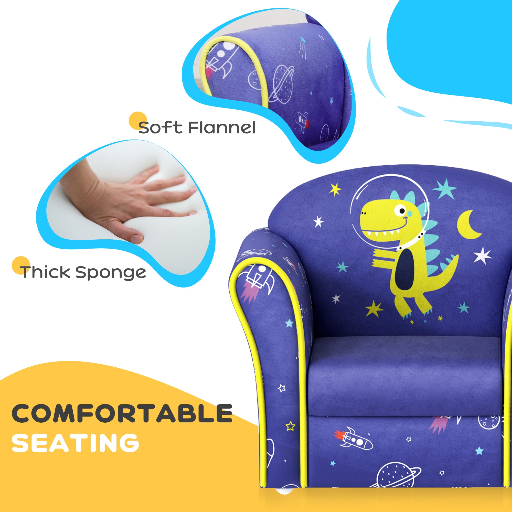 AIYAPLAY Kids Armchair with Planet Dinosaurs Design, Wooden Frame, for Bedroom, Playroom, Kids Room, Blue - North Peak Garden Furniture