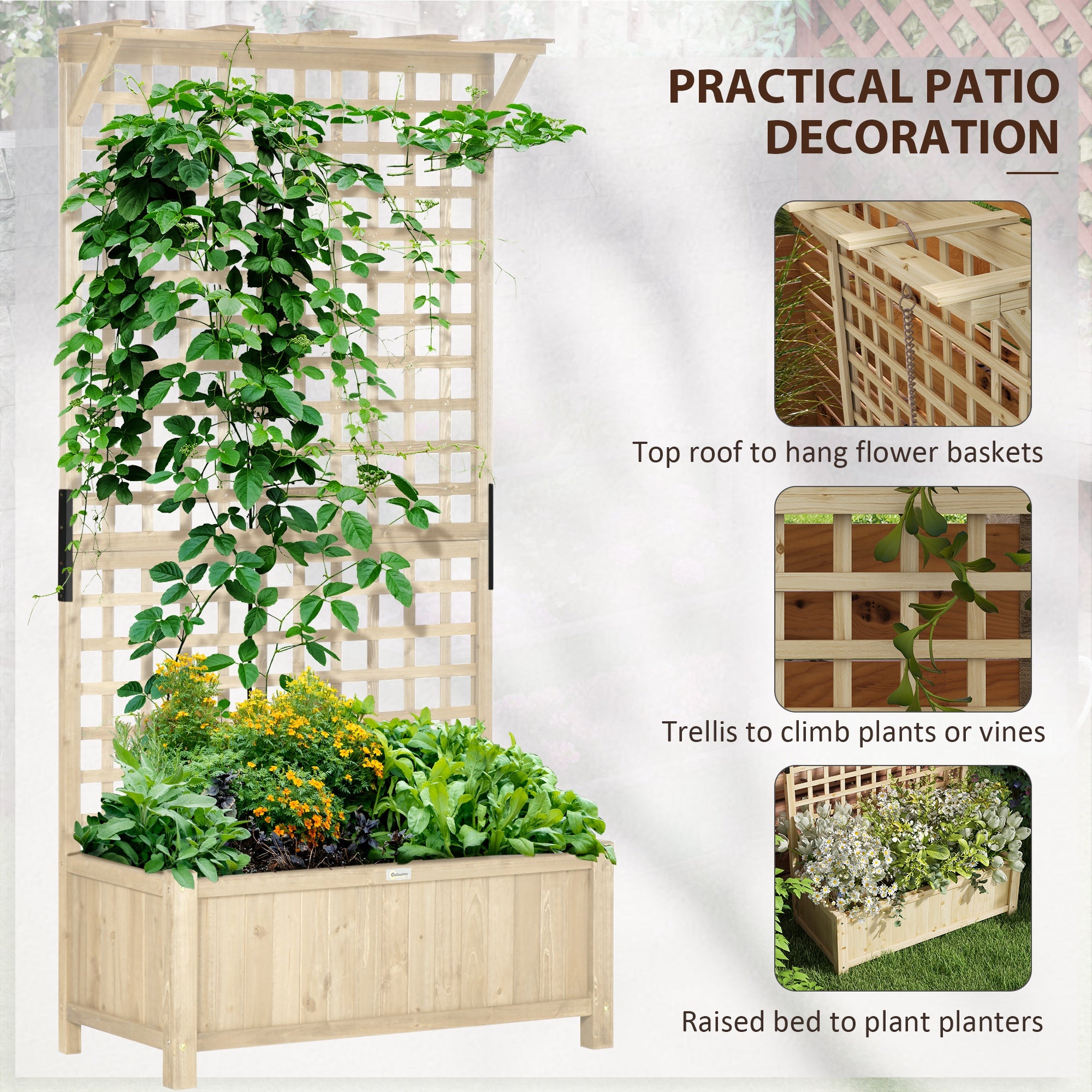 Outsunny Raised Bed with Drainage Holes, Wood Planter with Trellis for Climbing Plants to Grow Vegetables, Flowers, Natural