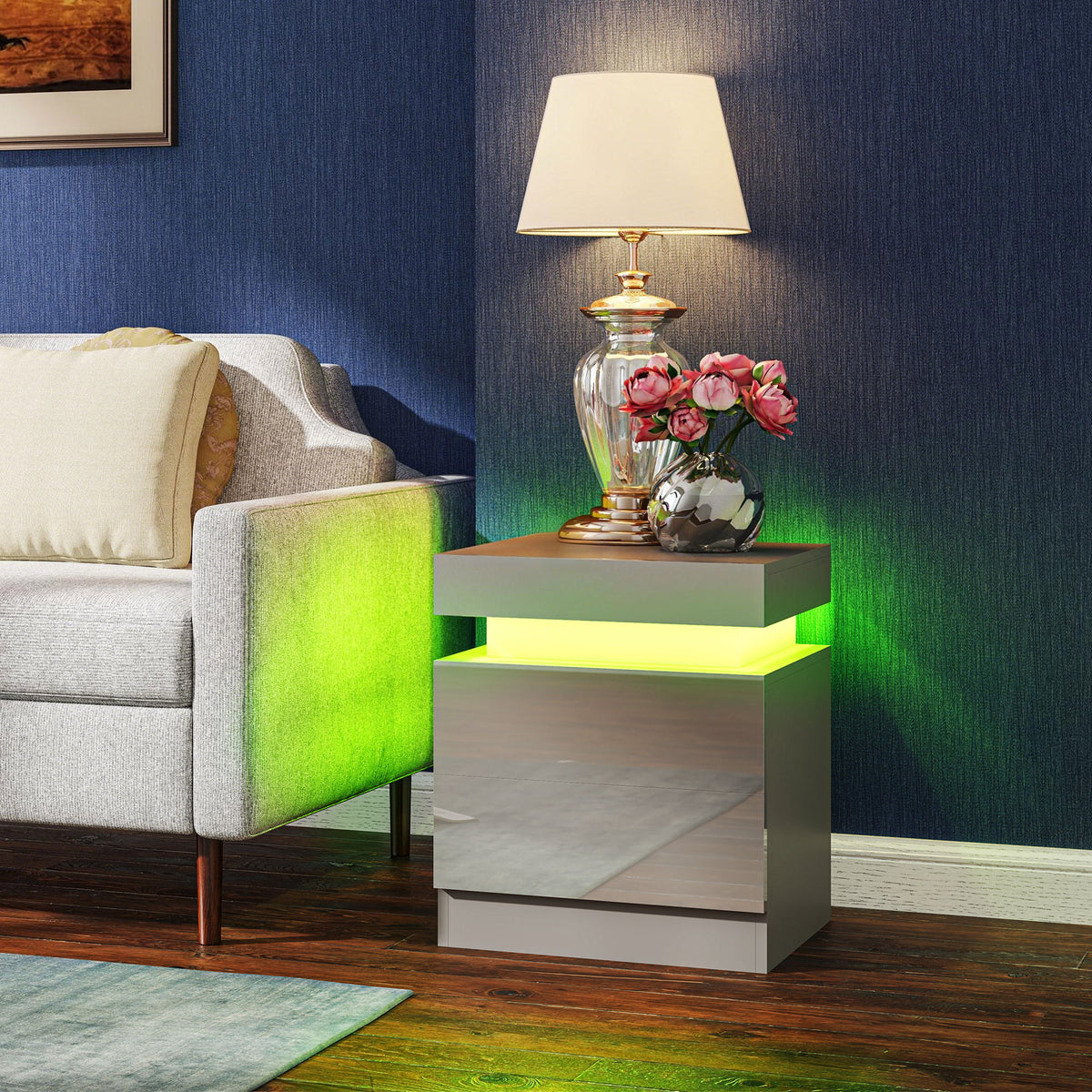 HOMCOM Grey Bedside Table with LED Light, High Gloss Front Nightstand with 2 Drawers, for Living Room, Bedroom