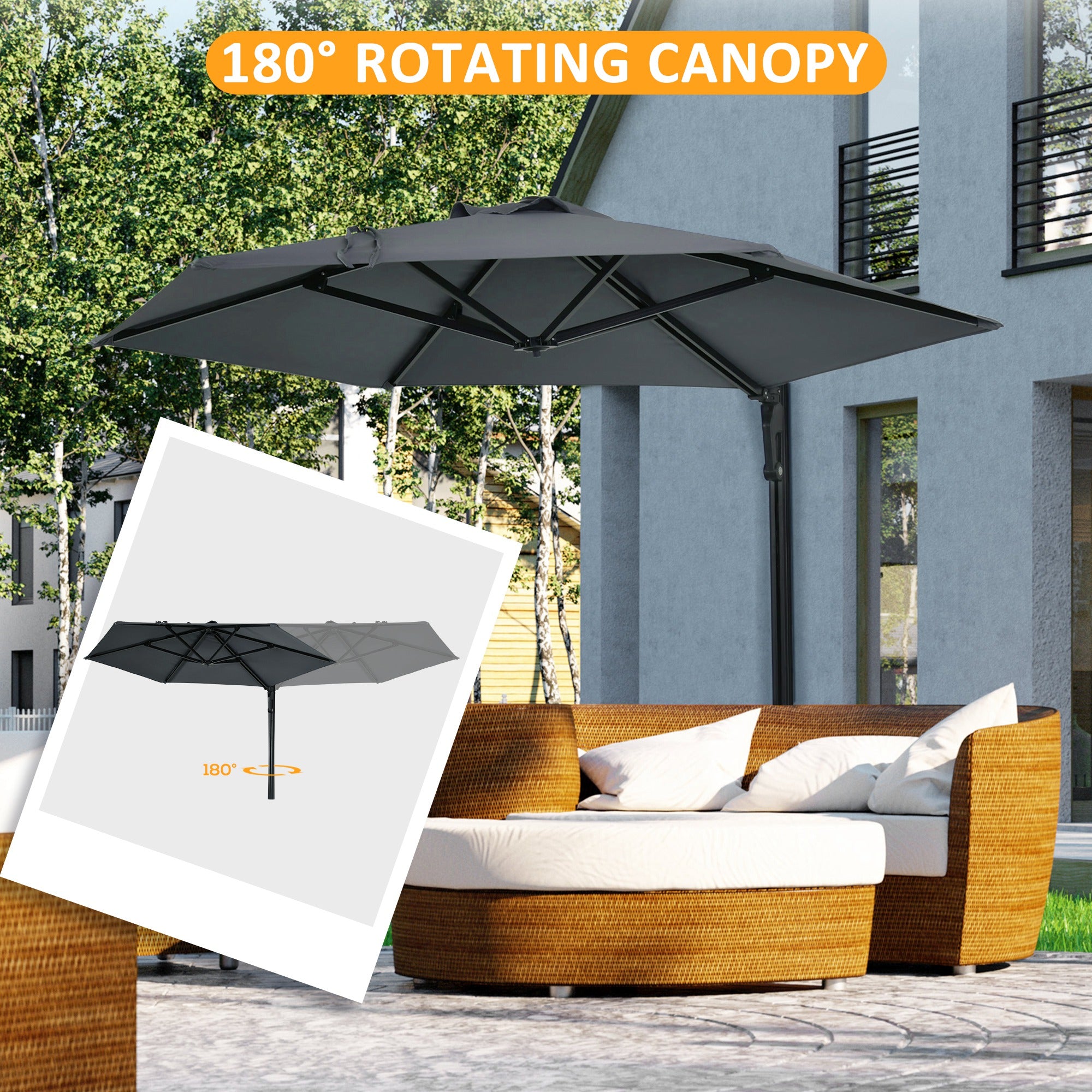 Outsunny 2.5m Wall Mounted Parasol, Hand to Push Outdoor Patio Umbrella with 180 Degree Rotatable Canopy for Porch, Deck, Garden, 250 cm, Dark Grey - North Peak Garden Furniture