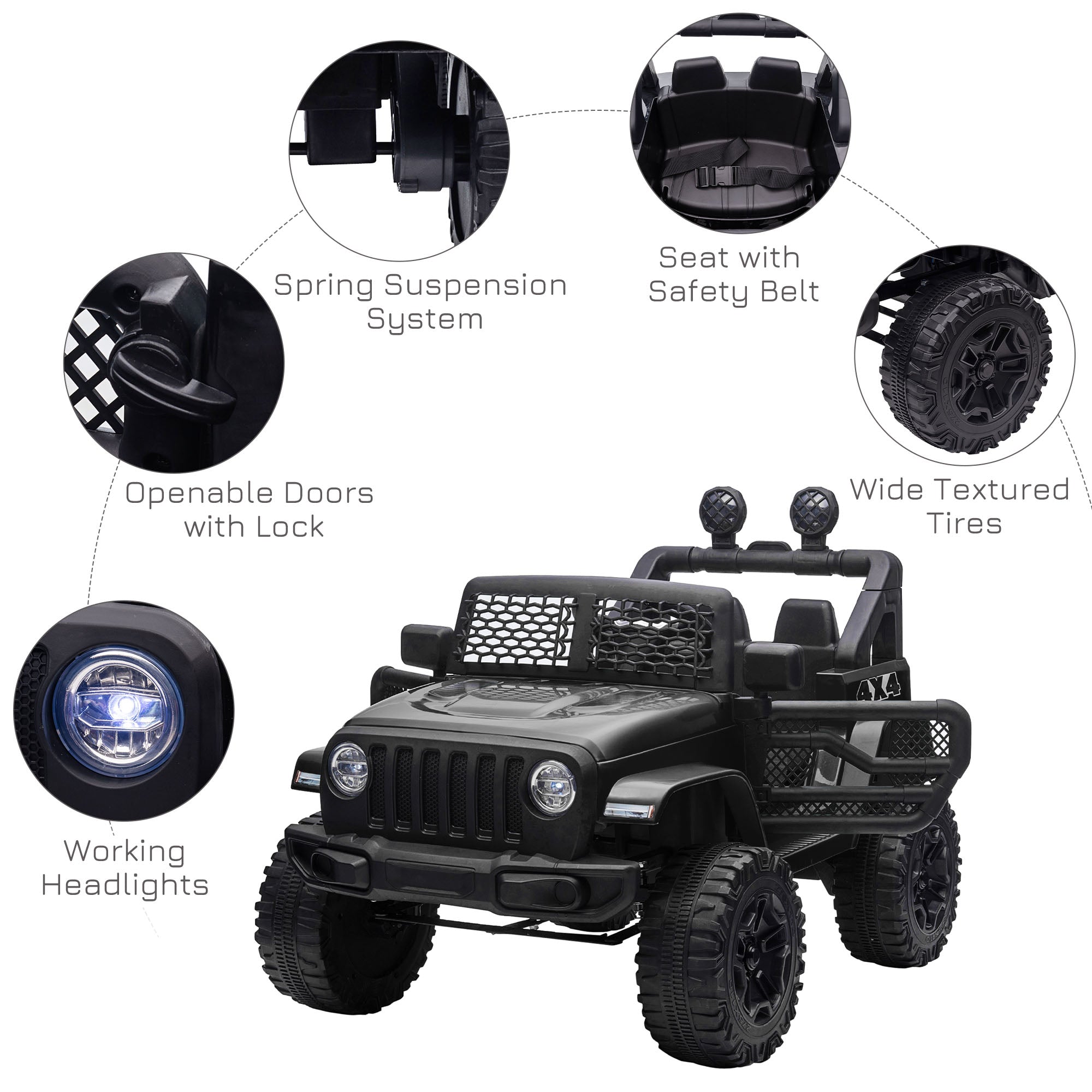 HOMCOM Kids Electric Ride On Car 12V Off Road Toy with Parental Remote Control 2 Motors Horn Lights Suspension Wheels for 3-6 Years Old Black - North Peak Garden Furniture
