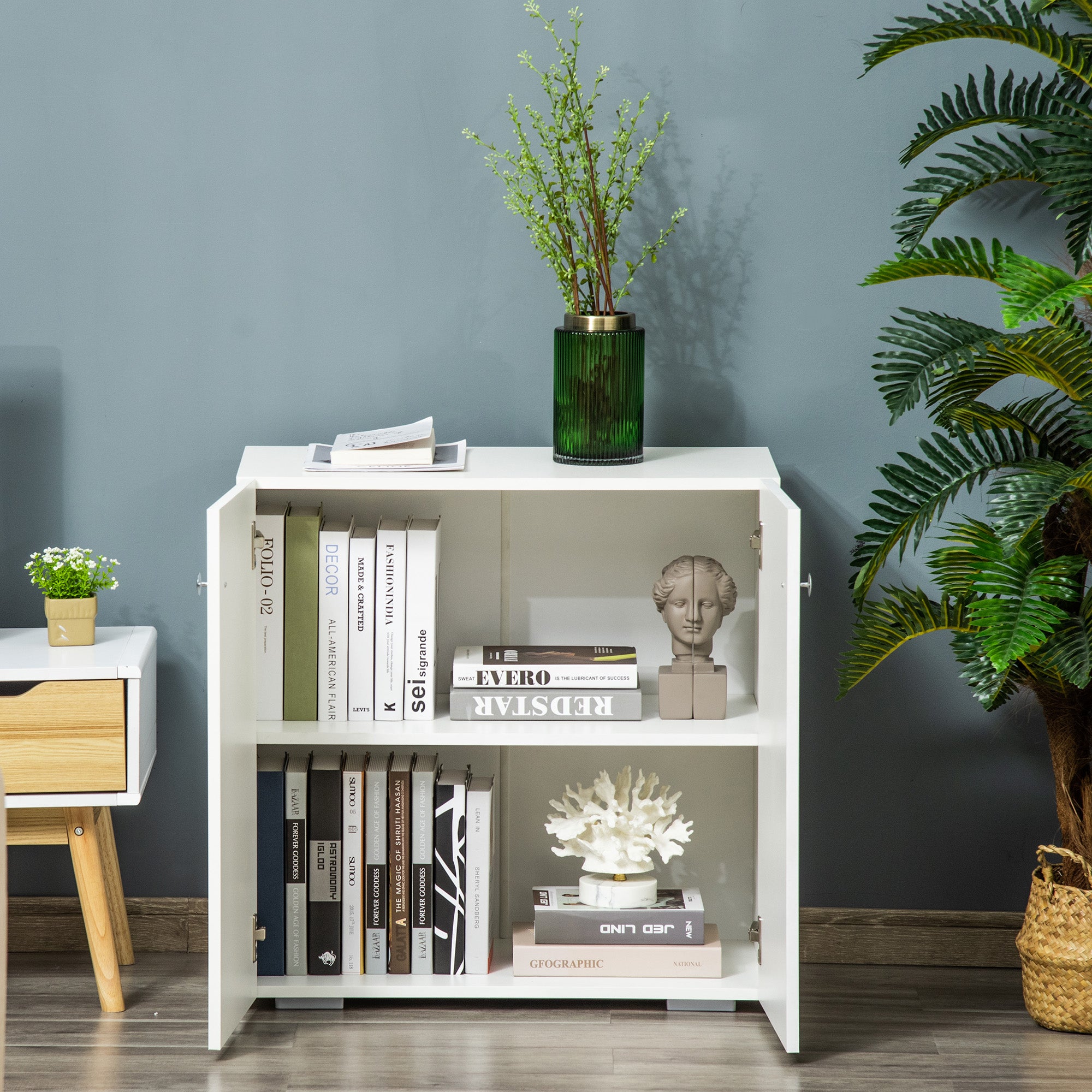 HOMCOM Storage Cabinet w/ Two Shelves Wooden Sideboard Freestanding Kitchen Cupboard Bookcase - White - North Peak Garden Furniture