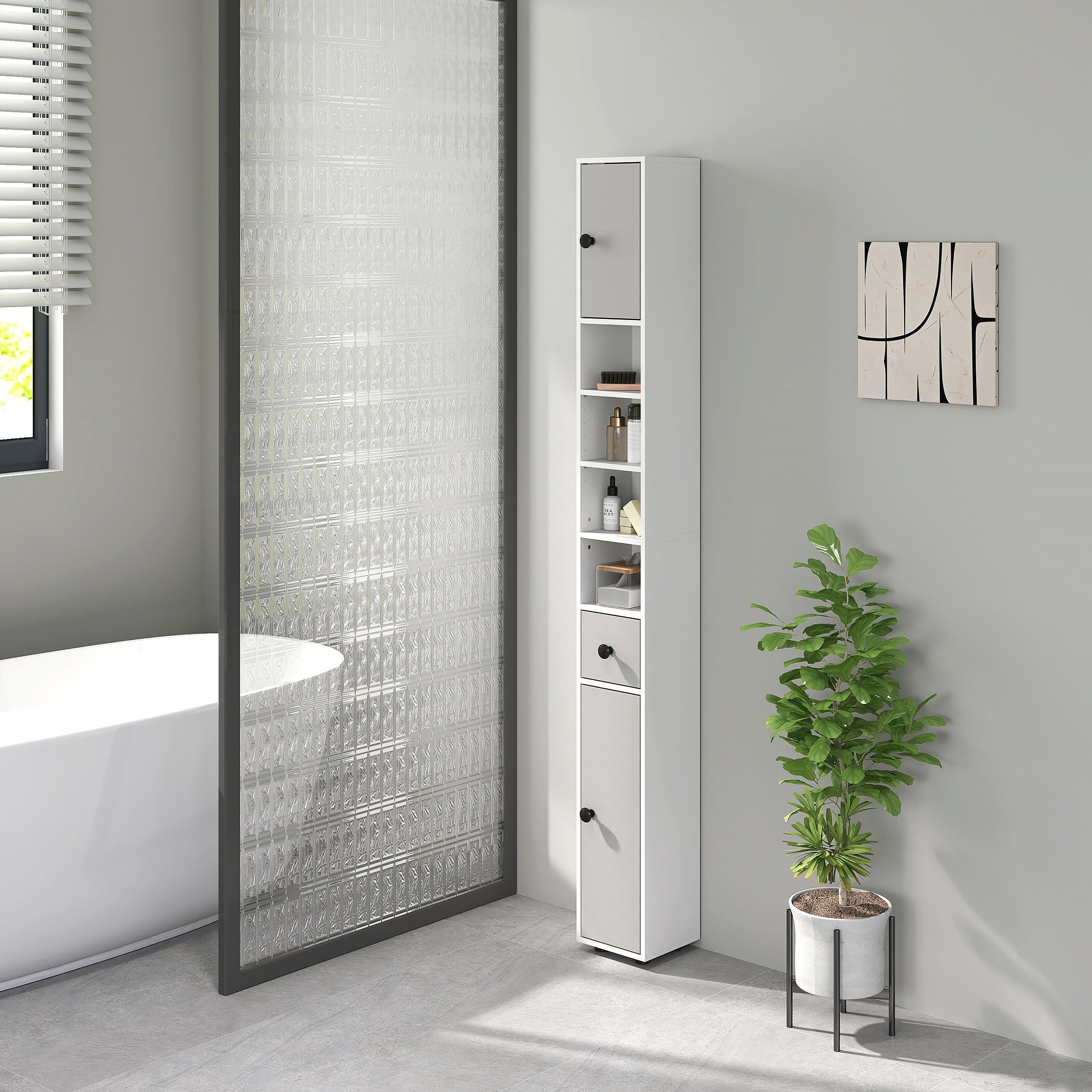 kleankin 180cm Slim Bathroom Cabinet, with Drawer, Shelves and Cupboards - Light Grey - North Peak Garden Furniture