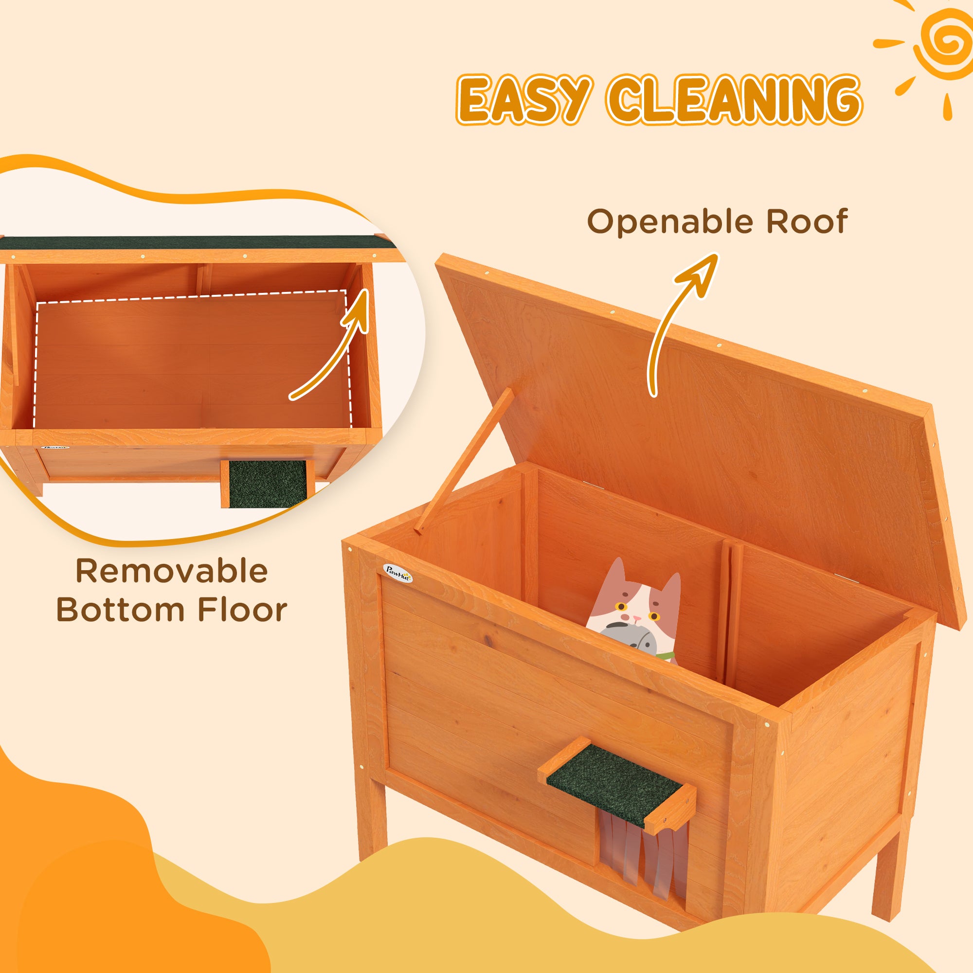PawHut Feral Cat House, Wooden Insulated with Removable Floor, Water-Resistant Openable Roof - Orange - North Peak Garden Furniture