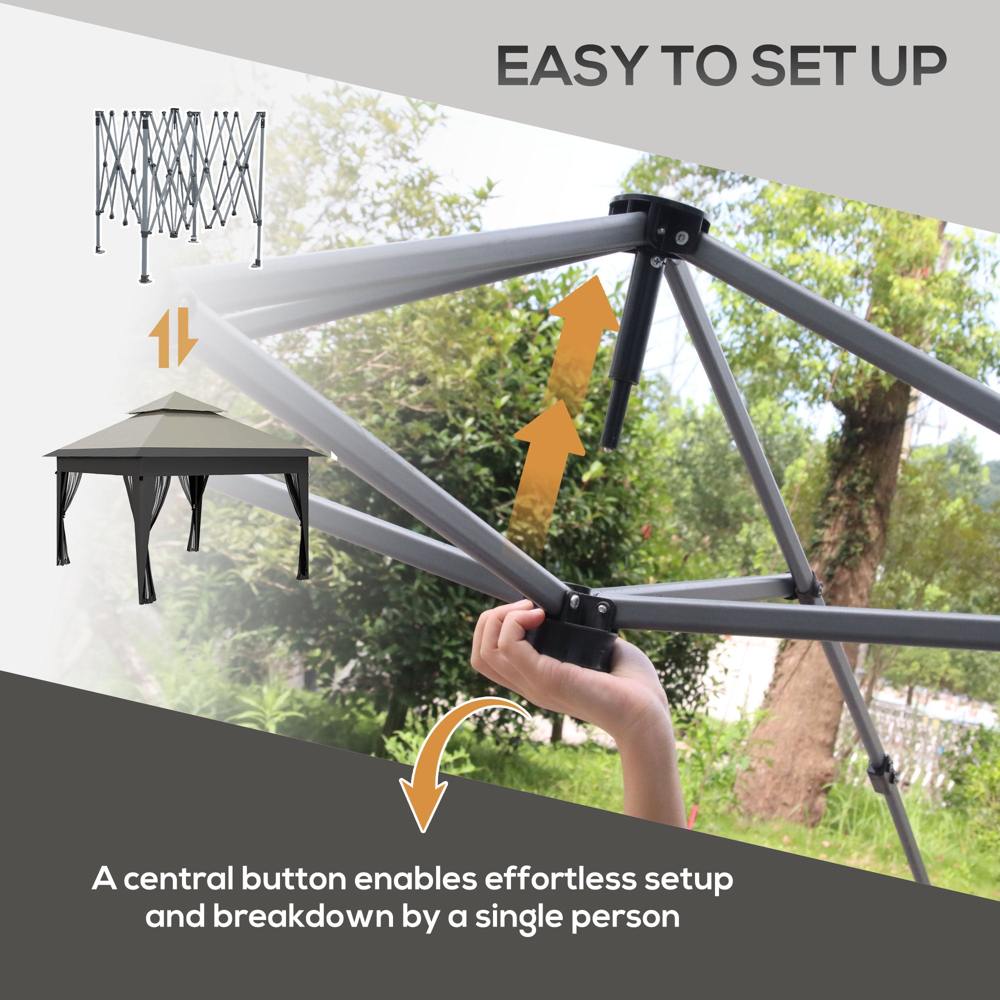 Outsunny 3 x 3(m) Pop Up Gazebo with Mosquito Netting, 1 Person Easy up Marquee Party Tent with 1-Button Push, Double Roof, Carry Bag, Sandbags, Height Adjustable Instant Shelter, Grey - North Peak Garden Furniture