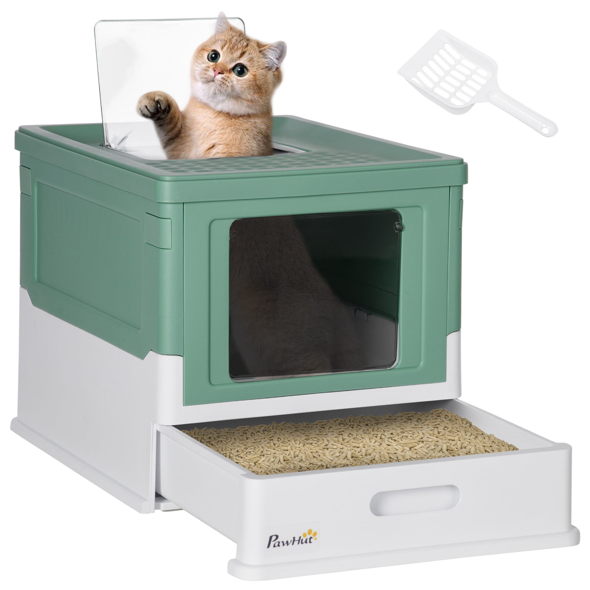 PawHut Hooded Cat Litter Box, Portable Pet Toilet, with Scoop, Front Entry - Green