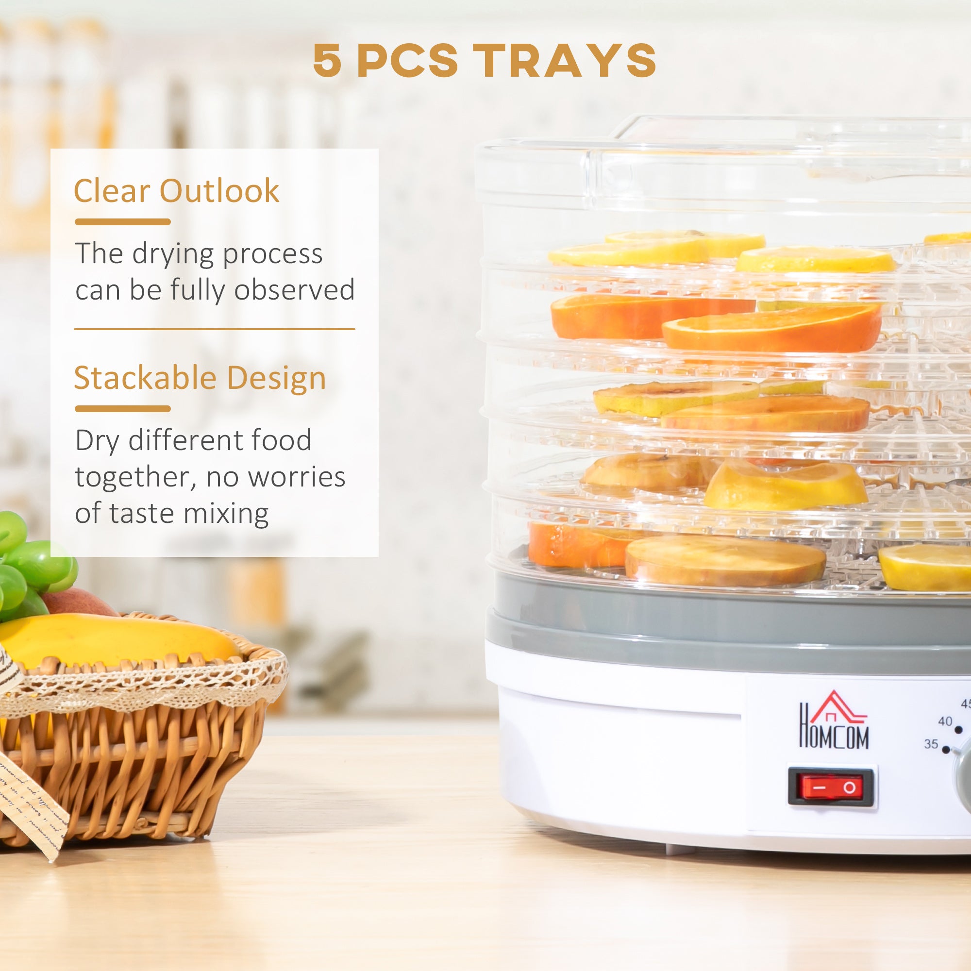 HOMCOM 5 Tier Food Dehydrator, 245W Food Dryer Machine with Adjustable Temperature Control for Drying Fruit, Meat, Vegetable, Jerky and Pet Treat, White - North Peak Garden Furniture