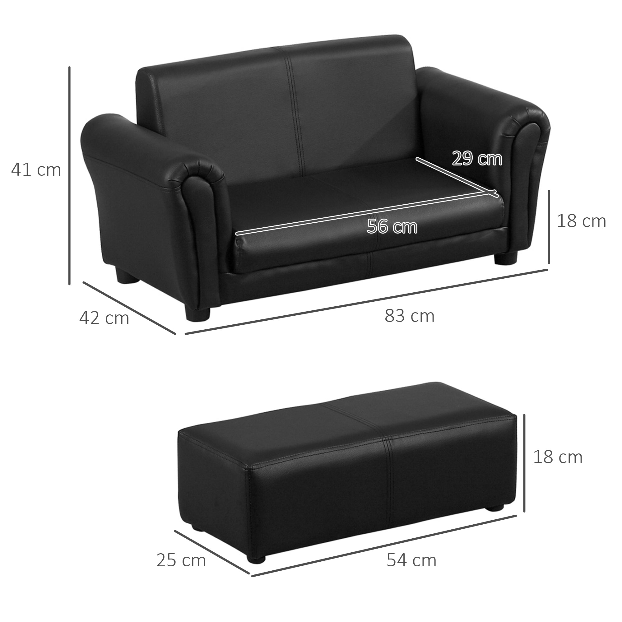 HOMCOM Kids Sofa Bed Kids Twin Sofa Toddler Chair 2 Seater Kids Twin Sofa Chair Boys Girls Couch w/ Footstool (Black) - North Peak Garden Furniture