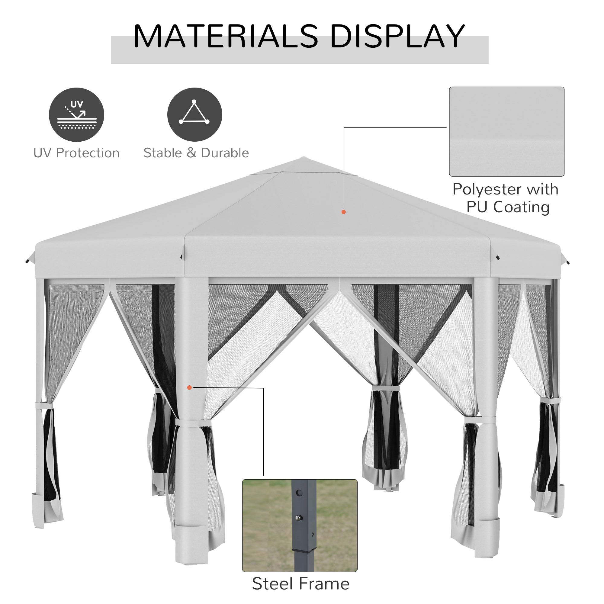 Outsunny 3.2m Pop Up Gazebo Hexagonal Canopy Tent Outdoor Sun Protection with Mesh Sidewalls, Handy Bag, Light Grey - North Peak Garden Furniture