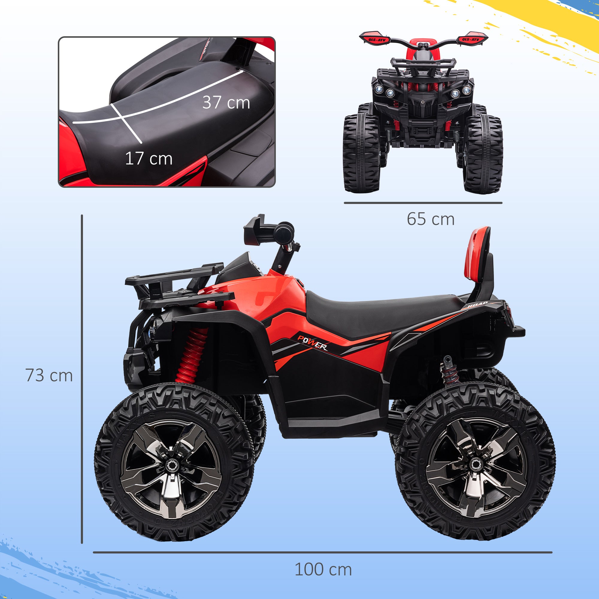 HOMCOM 12V Quad Bike ATV with LED Lights, Music, Backrest, Forward, Backward, Red