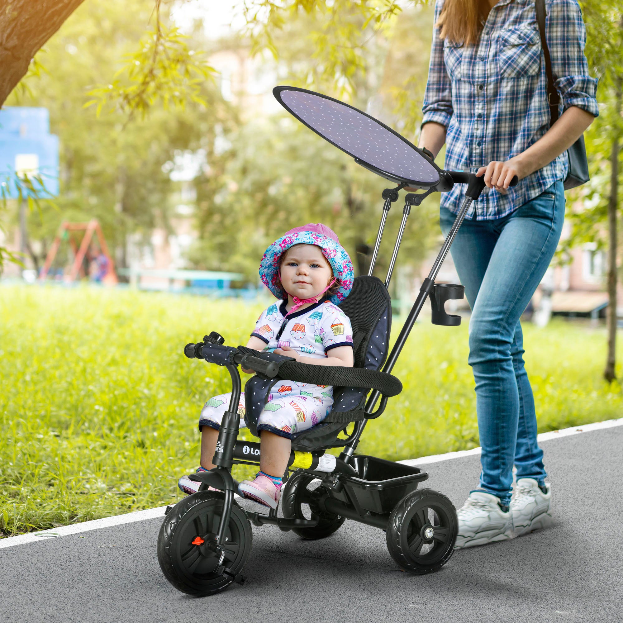 HOMCOM 6 in 1 Tricycle for Kids with 5-point harness straps, Removable Canopy, Dark Blue - North Peak Garden Furniture