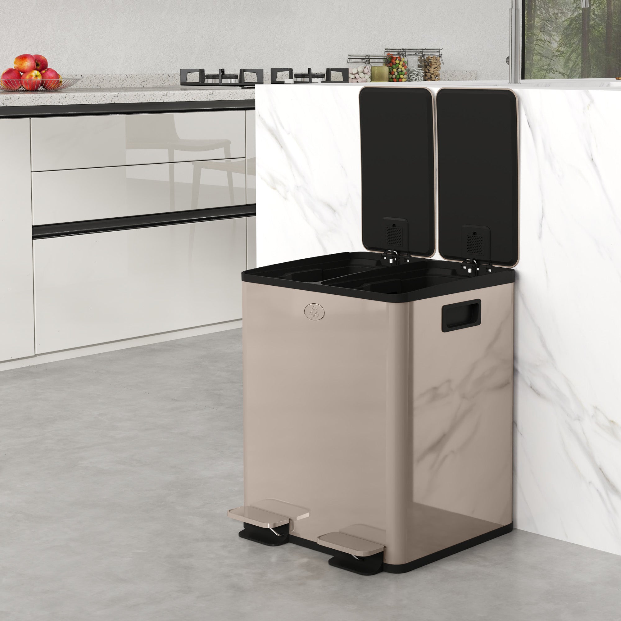 HOMCOM 40L Dual Compartment Stainless Steel Bin, with Deodoriser Holders - Gold Tone - North Peak Garden Furniture