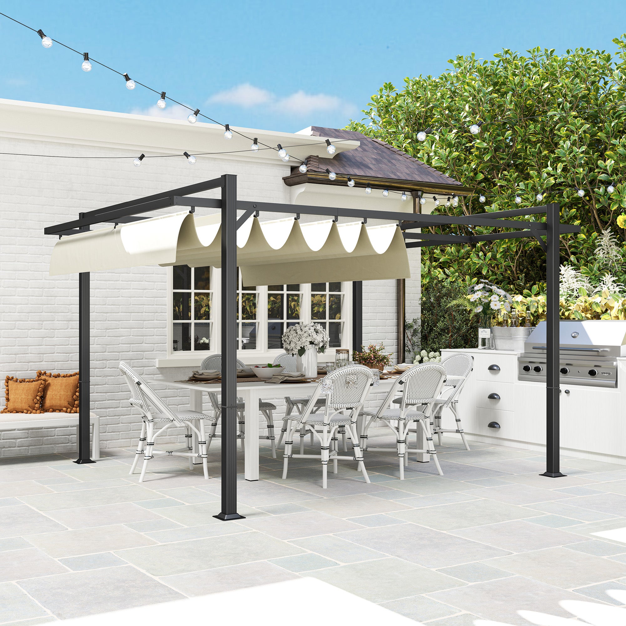 Outsunny 3 x 4m Aluminium Pergola, with Retractable Roof - Grey/Khaki - North Peak Garden Furniture
