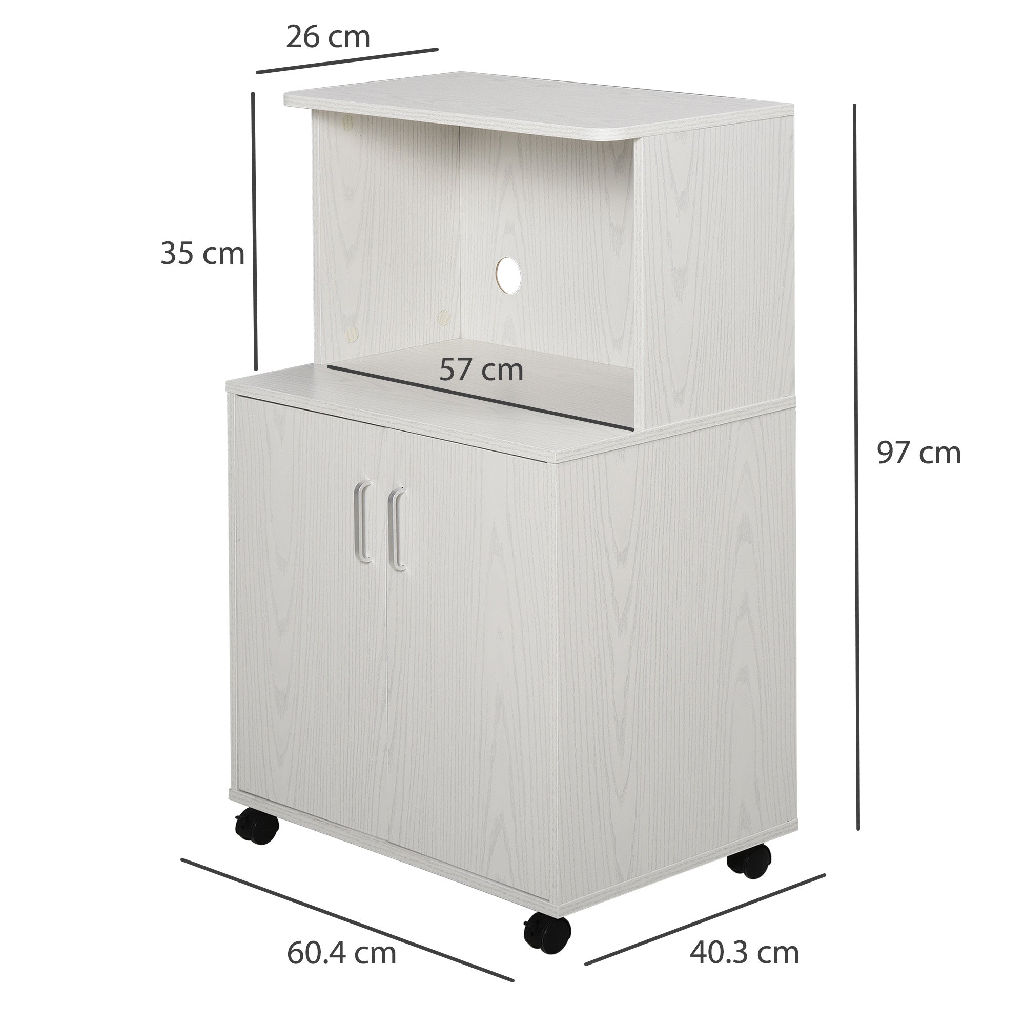 HOMCOM Kitchen Storage Unit, Modern Microwave Stand Trolley Cart, Sideboard with Cabinet, Locking Wheels, Shelf for Living Room, Dining Room, White - North Peak Garden Furniture