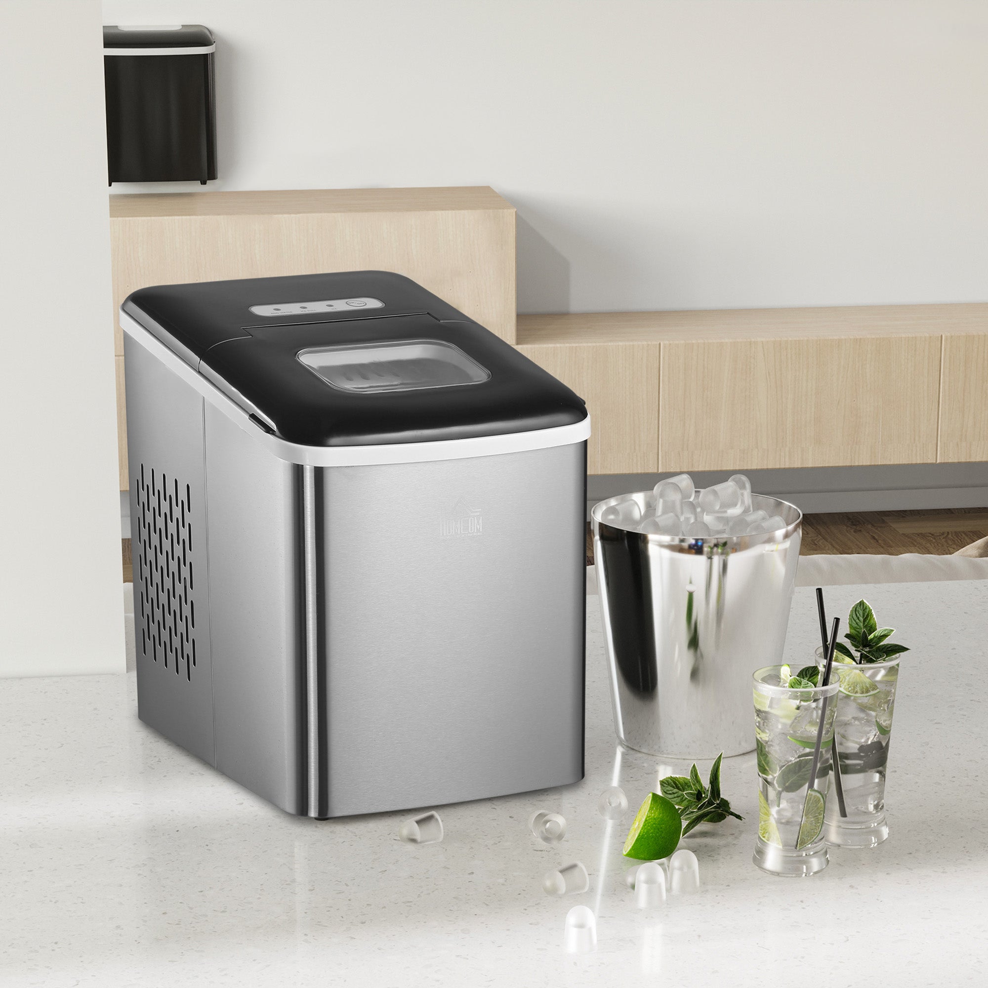 HOMCOM Ice Maker Machine, Counter Top Ice Cube Maker for Home, 9 Ice Cubes per 8 Minutes, 1.8L with Self Cleaning Function, Scoop and Basket Stainless Steel No Plumbing Required Black - North Peak Garden Furniture