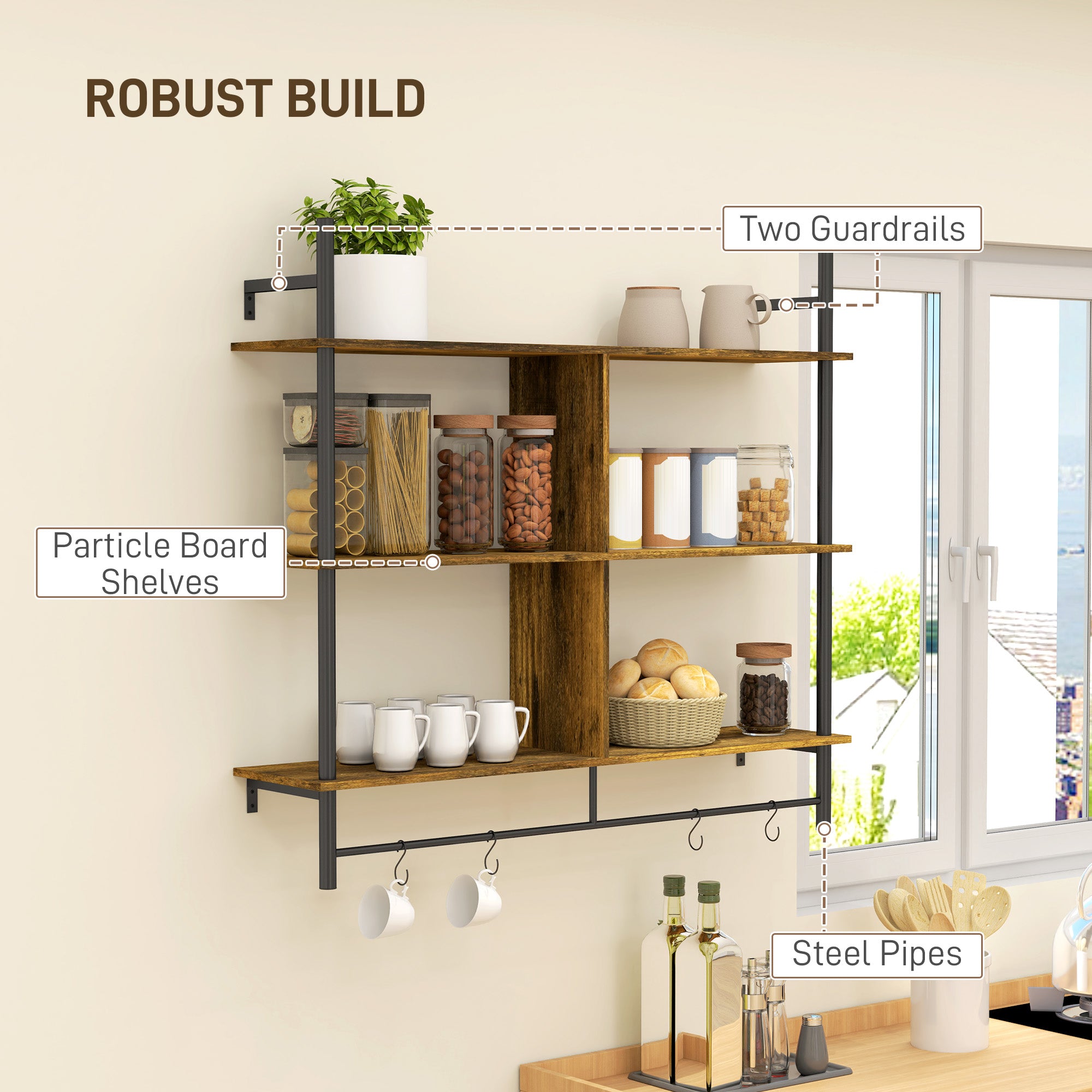 HOMCOM Three-Tier Floating Shelf - Brown/Black - North Peak Garden Furniture