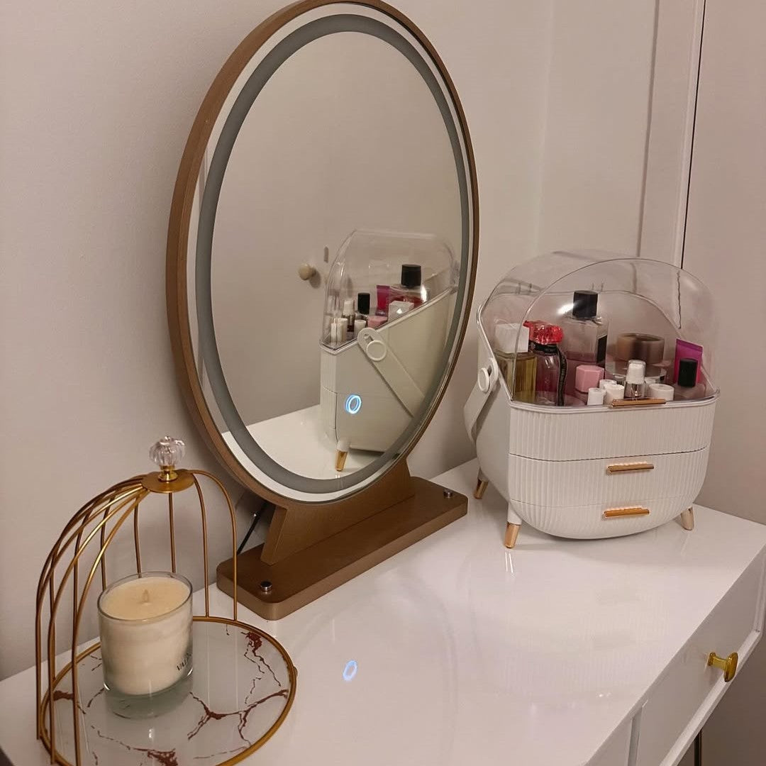 HOMCOM Dressing Table Set with LED Light, Round Mirror, Vanity Makeup Table with 2 Drawers and Cushioned Stool for Bedroom, White
