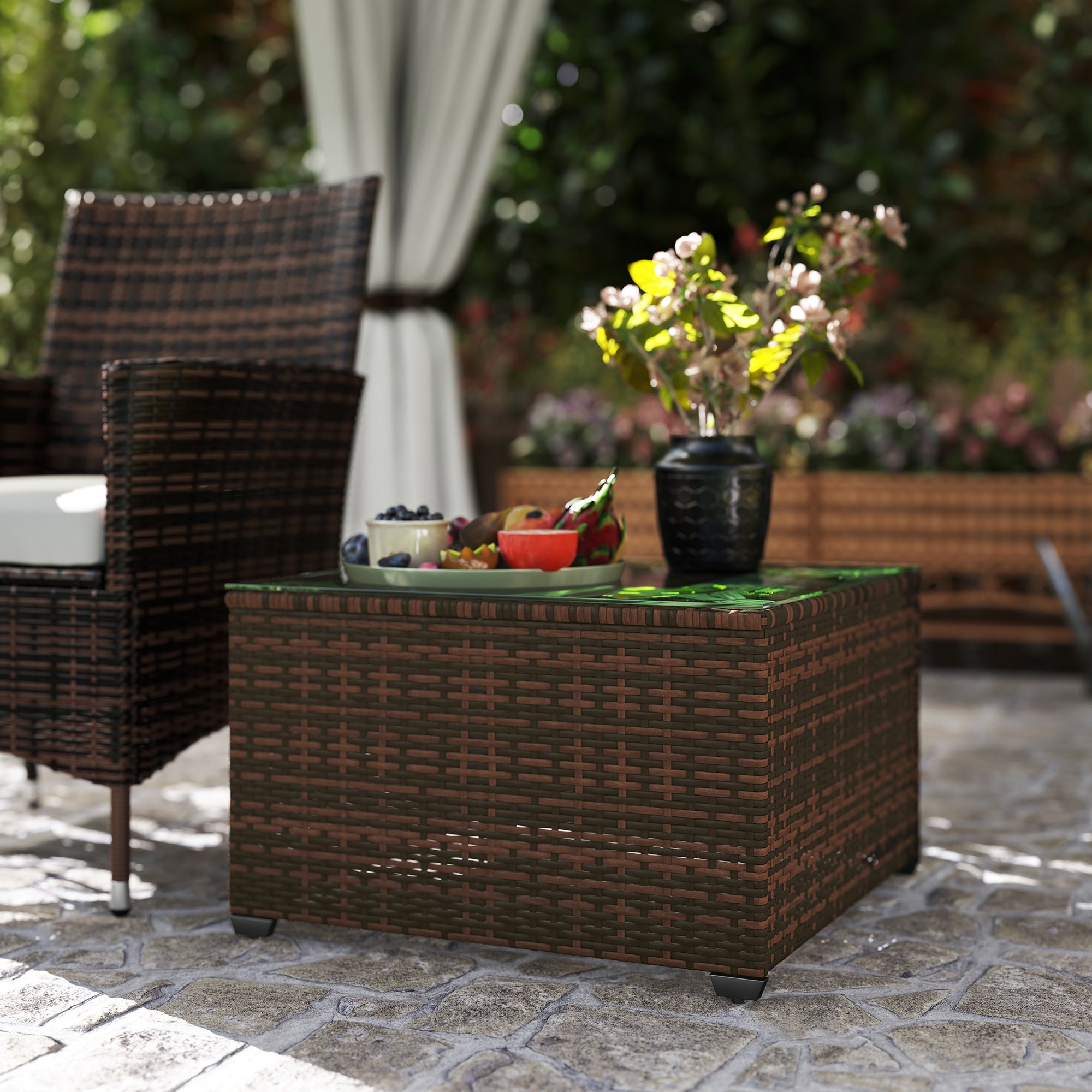 Outsunny 62 x 62cm Glass-Top Rattan Side Table - Brown - North Peak Garden Furniture