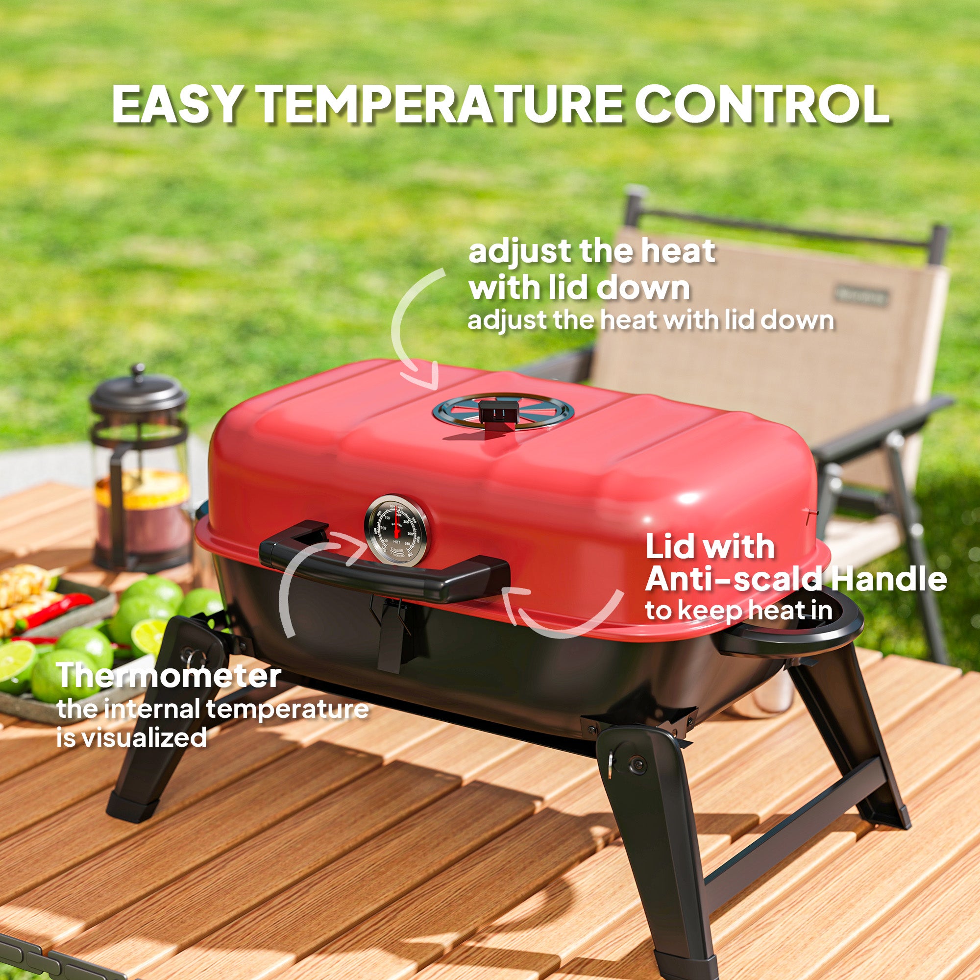 Outsunny Charcoal Barbecue Grill Folding BBQ Grill with 1232 cm² Cooking Area, Adjustable Vent, Thermometer, Handles for Camping Picnic, Red - North Peak Garden Furniture