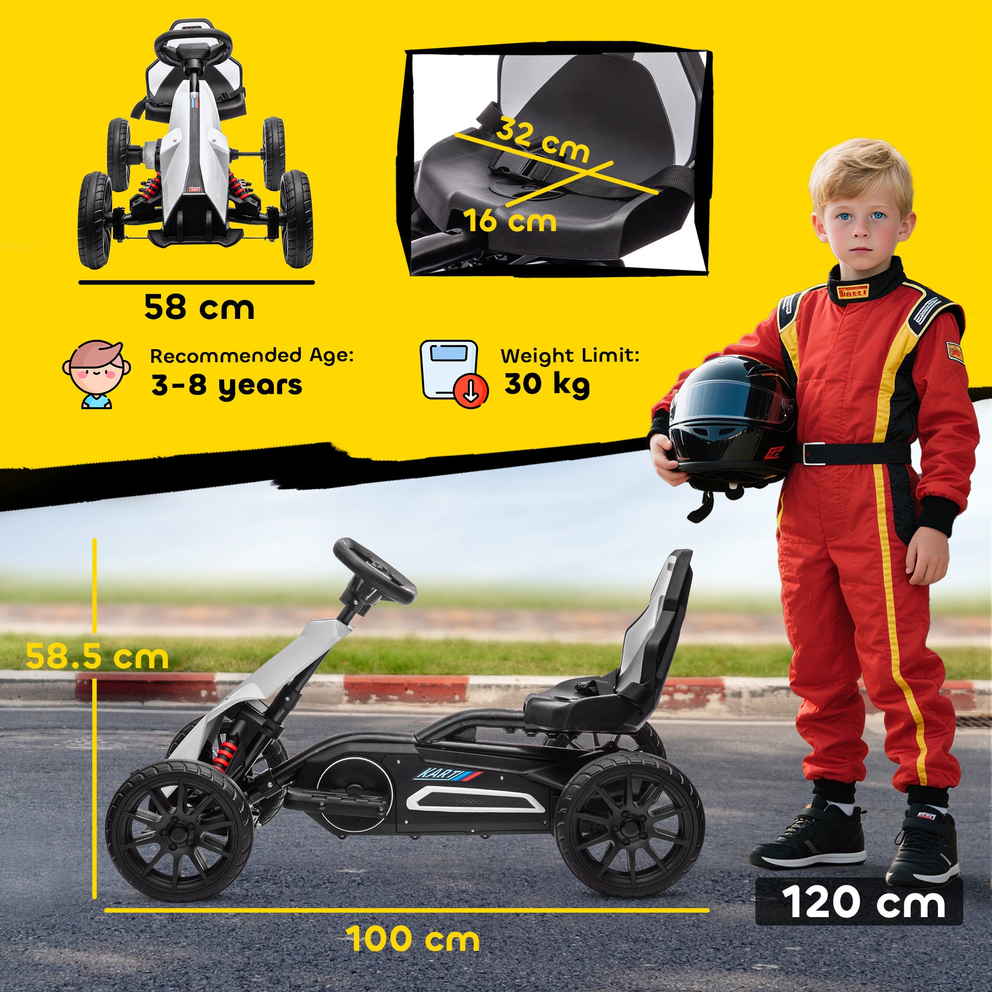 HOMCOM 12V Electric Go Kart for Kids, Ride-On Racing Go Kart with Forward Reversing, Rechargeable Battery, 2 Speeds, for Boys Girls Aged 3-8 Years Old - White