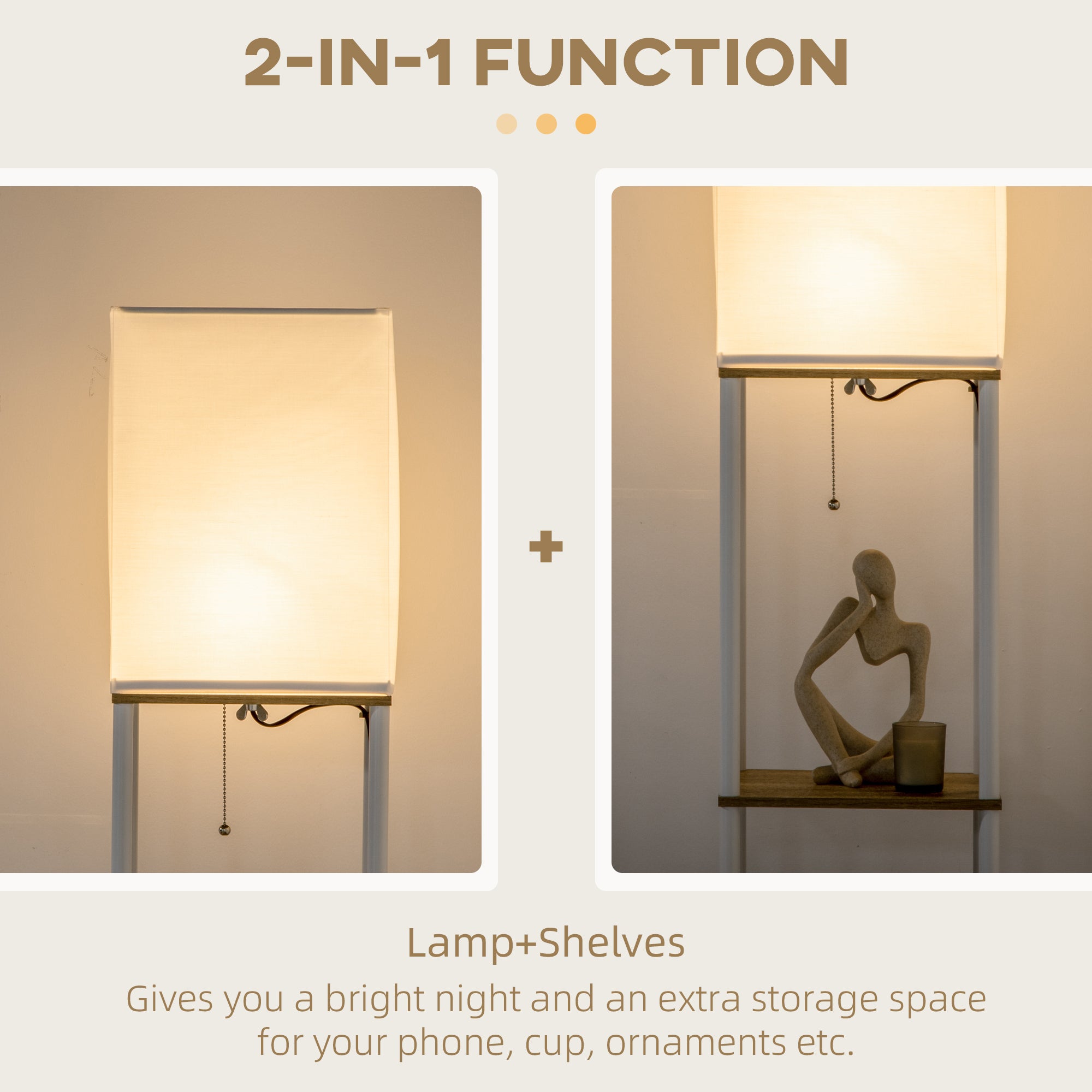 HOMCOM Modern Floor Lamp with Shelves, 3 Layer Shelf Tall Standing Lamp with Fabric Lampshade, Pull Chain Switch for Living Room, Bedroom, Bulb not Included, White - North Peak Garden Furniture
