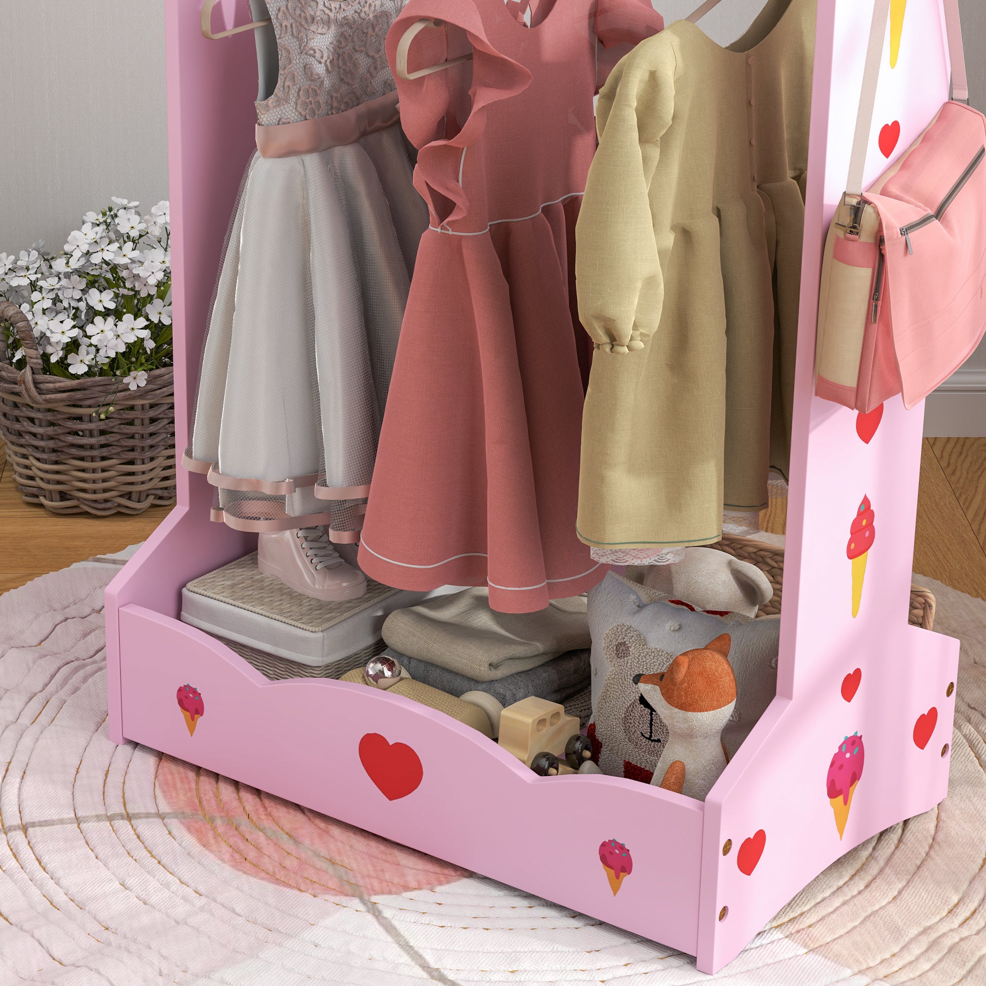 AIYAPLAY Kids Clothes Rail, Kids Dressing Mirror with 360° Rotating, 2 Piece Kids Furniture Set with Storage Shelves, Pink