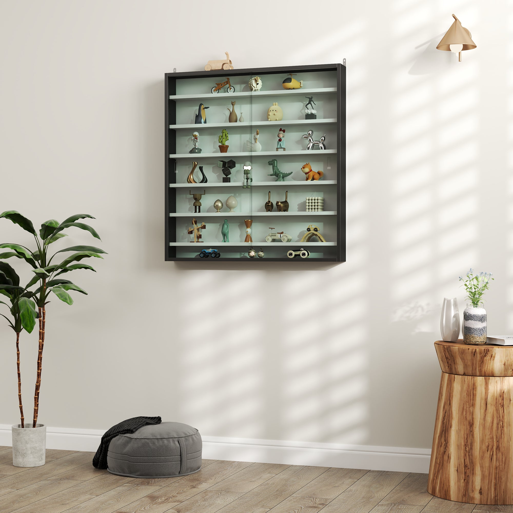HOMCOM 7-Tier Wall Display Shelf Unit Cabinet w/ 6 Adjustable Shelves Glass Doors Home Office Ornaments 83x80cm, Black and White - North Peak Garden Furniture