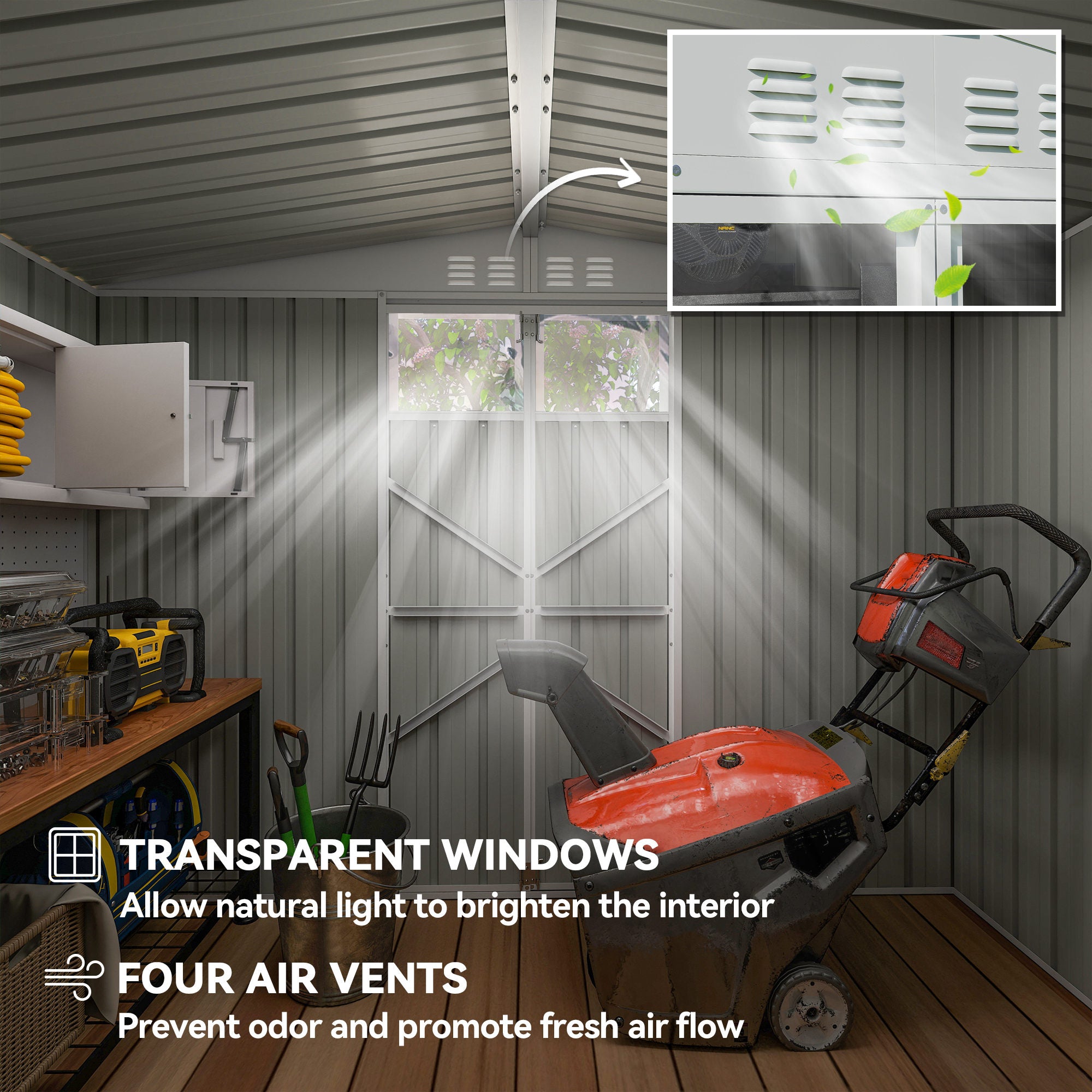 Outsunny 8 x 4 ft Metal Garden Shed, Garden Storage Shed with Window, 4 Vents and Lockable Door, Waterproof Galvanised Steel Tool Storage Cabinet, Dark Grey