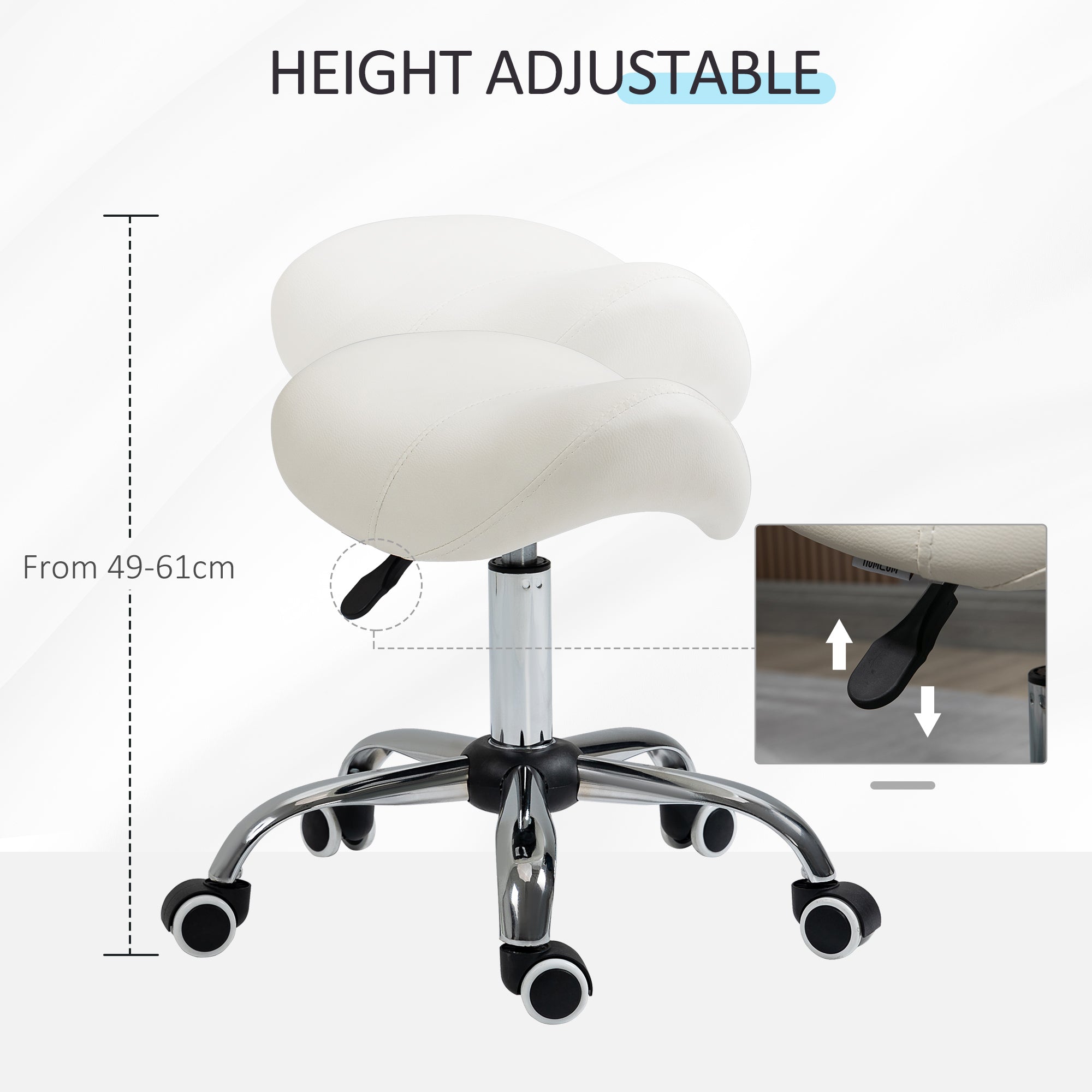 HOMCOM Cosmetic Stool 360° Rotate Height Adjustable Salon Massage Spa Chair Hydraulic Rolling Faux Leather Saddle Stool, Cream - North Peak Garden Furniture
