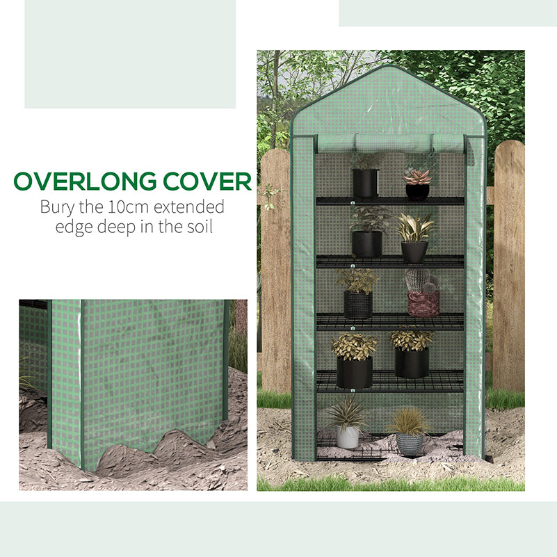Outsunny 5 Tier Widened Mini Greenhouse with Reinforced PE Cover, Portable Indoor Outdoor Green House with Roll-up Door and Wire Shelves, 193H x 90W x 49Dcm, Green - North Peak Garden Furniture