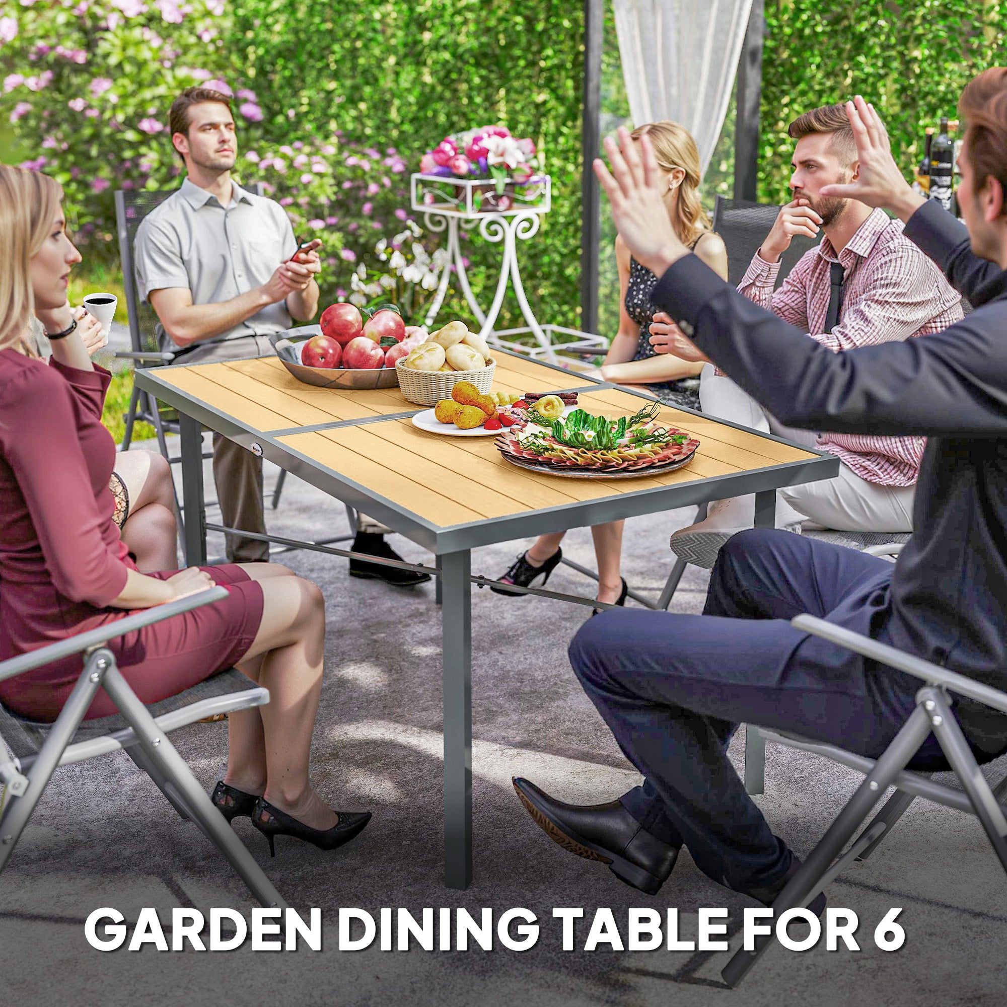 Outsunny Garden Table for 6, Outdoor Dining Table with 5cm Umbrella Hole, Wood Effect Top, Rust Resistant Frame, for Patio, Balcony, Terrace, 150 x 90 cm - North Peak Garden Furniture