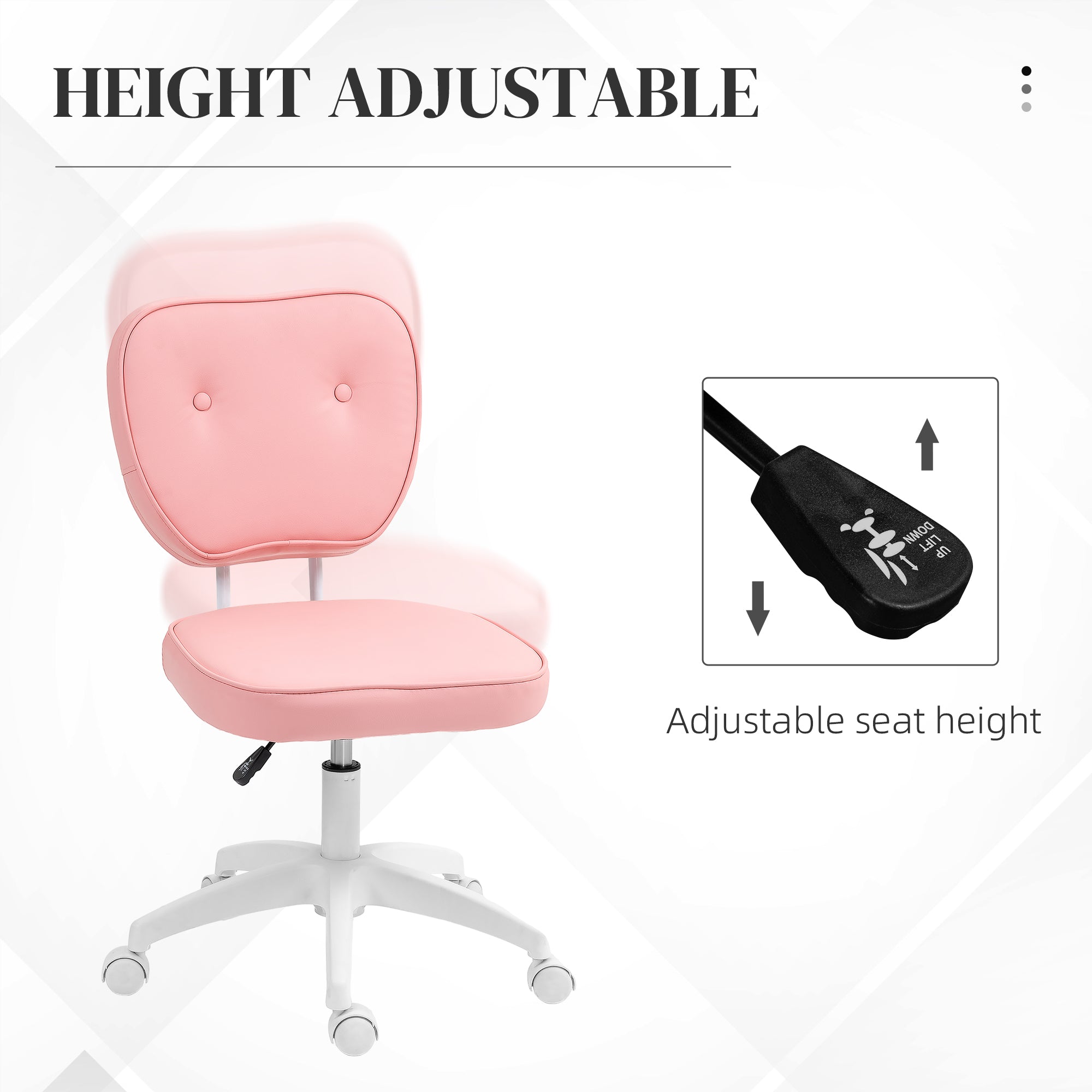 Vinsetto Vanity Office Chair, PU Leather Computer Chair for Home, with Adjustable Height, Armless, Swivel Wheels, Pink - North Peak Garden Furniture