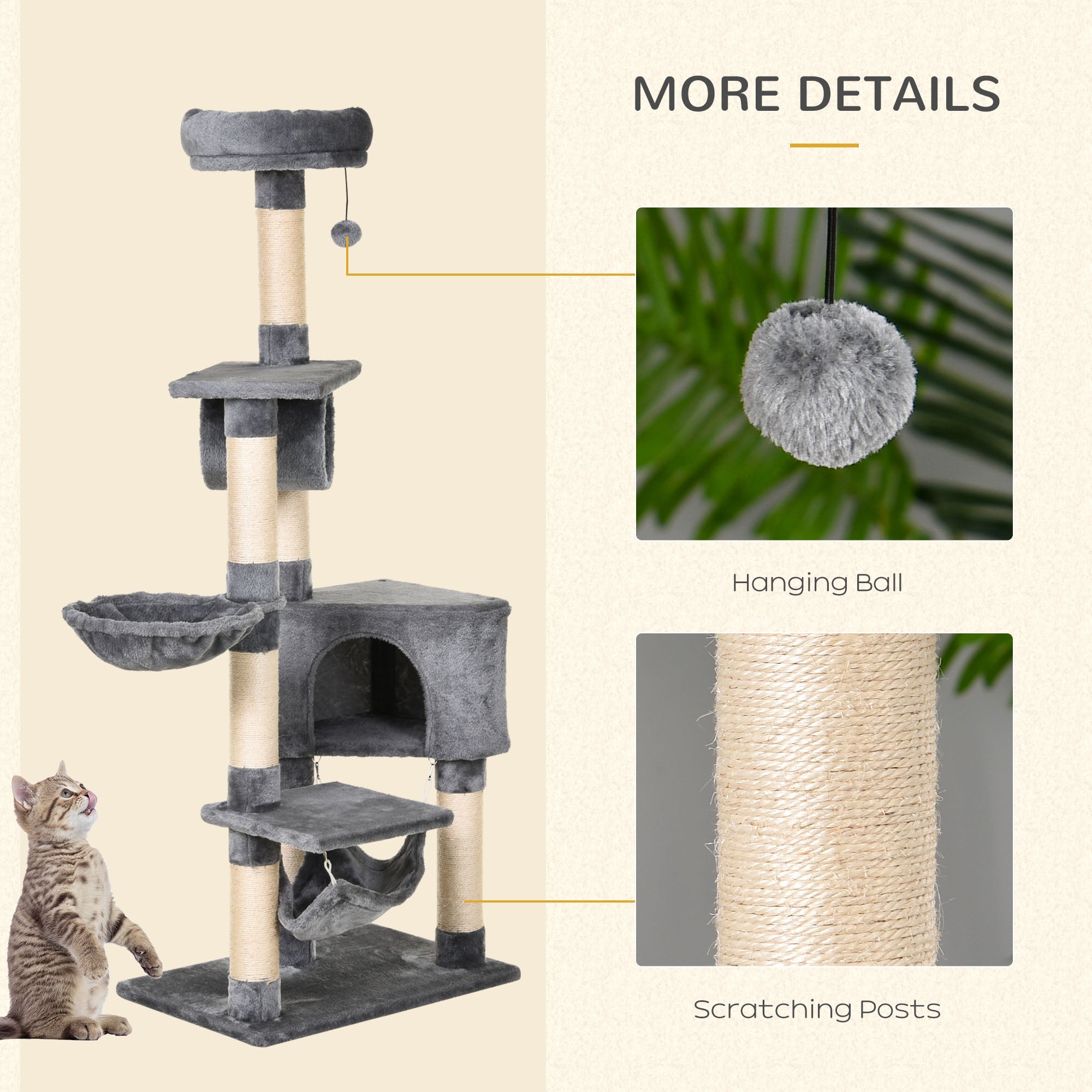 PawHut Cat Tree Condo Tower, Multi-level Activity Stand for Kittens, 150CM Height with Toys & Scratching Posts