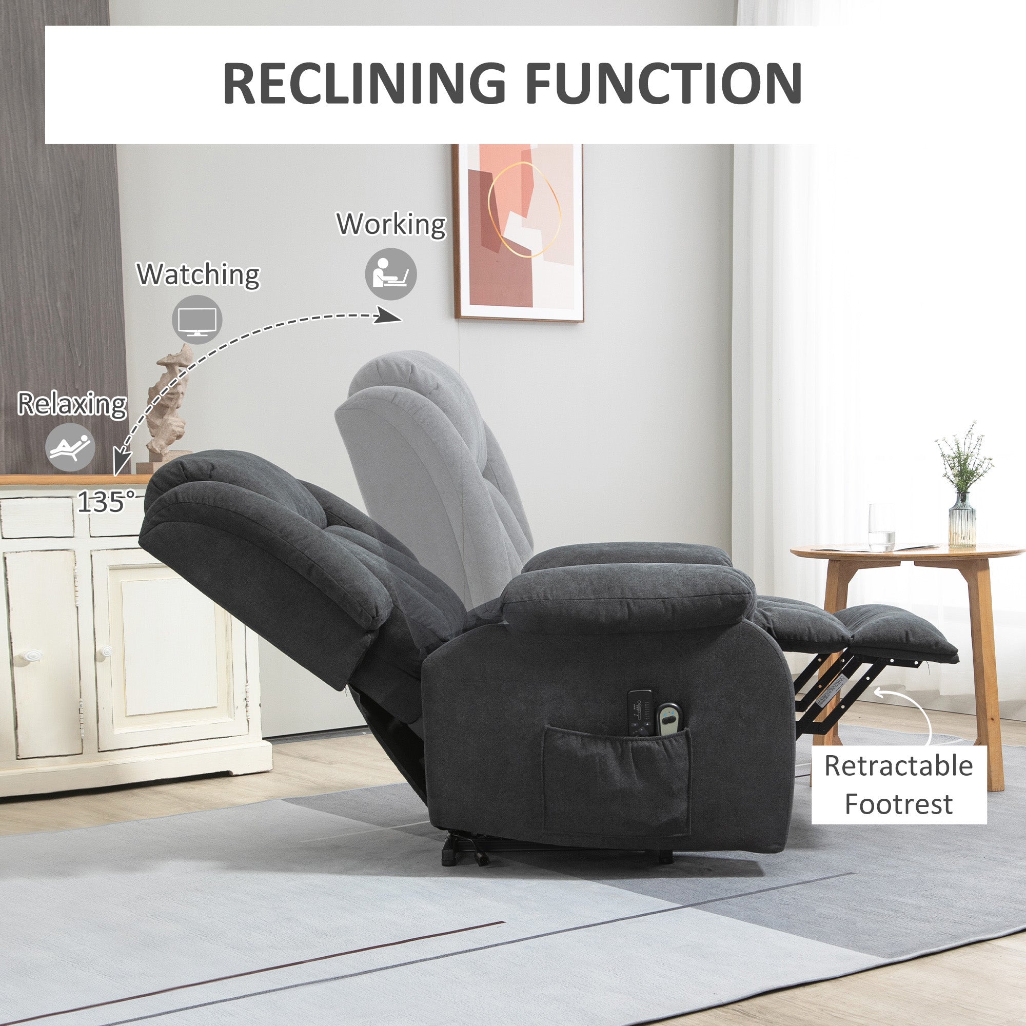 HOMCOM Oversized Riser and Recliner Chairs for the Elderly with 8 Vibration Massage, Large Fabric Upholstered Lift Chair for Living Room with Remote Control, Side Pocket, Footrest, Dark Grey - North Peak Garden Furniture
