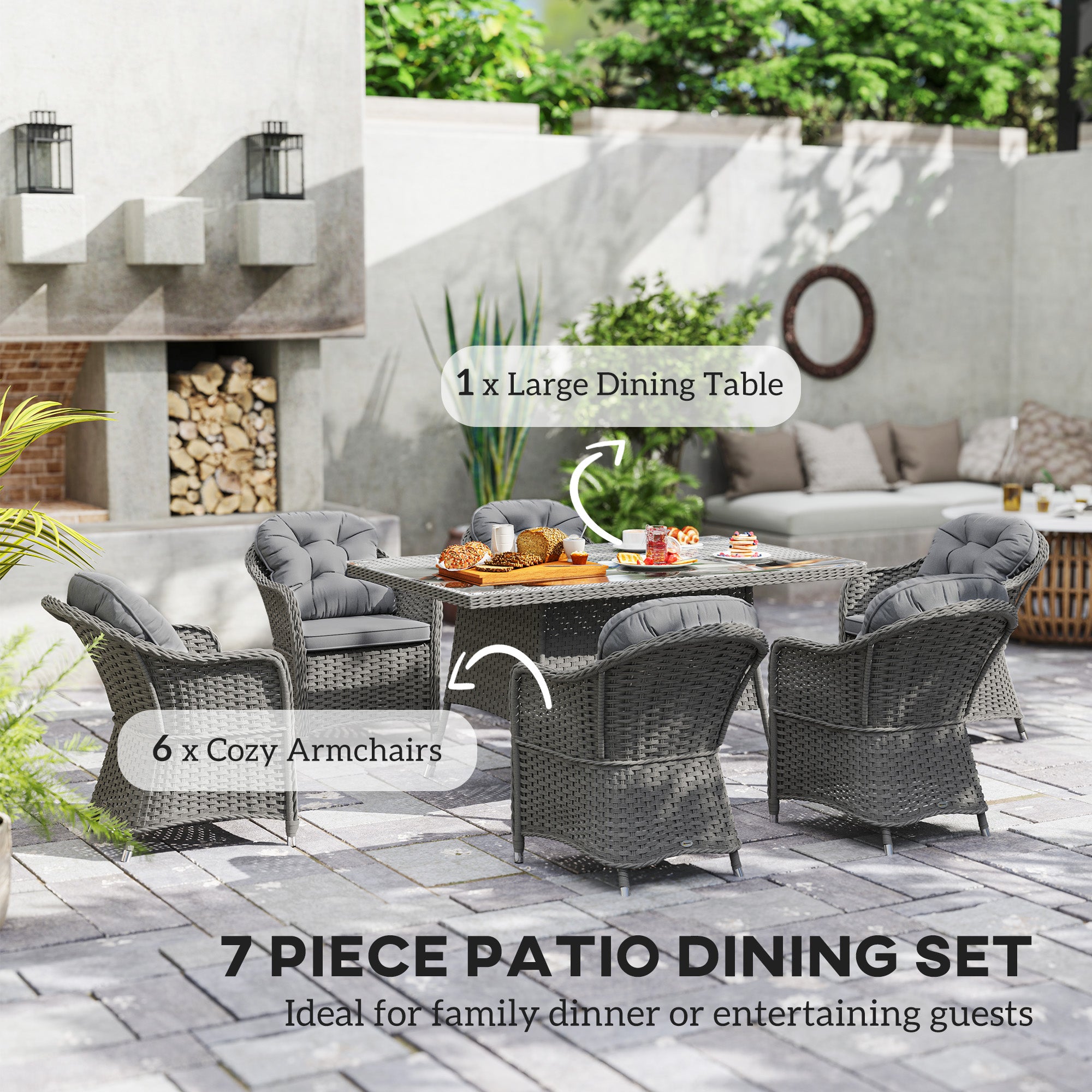 Outsunny Seven-Piece Rattan Dining Set - Light Grey